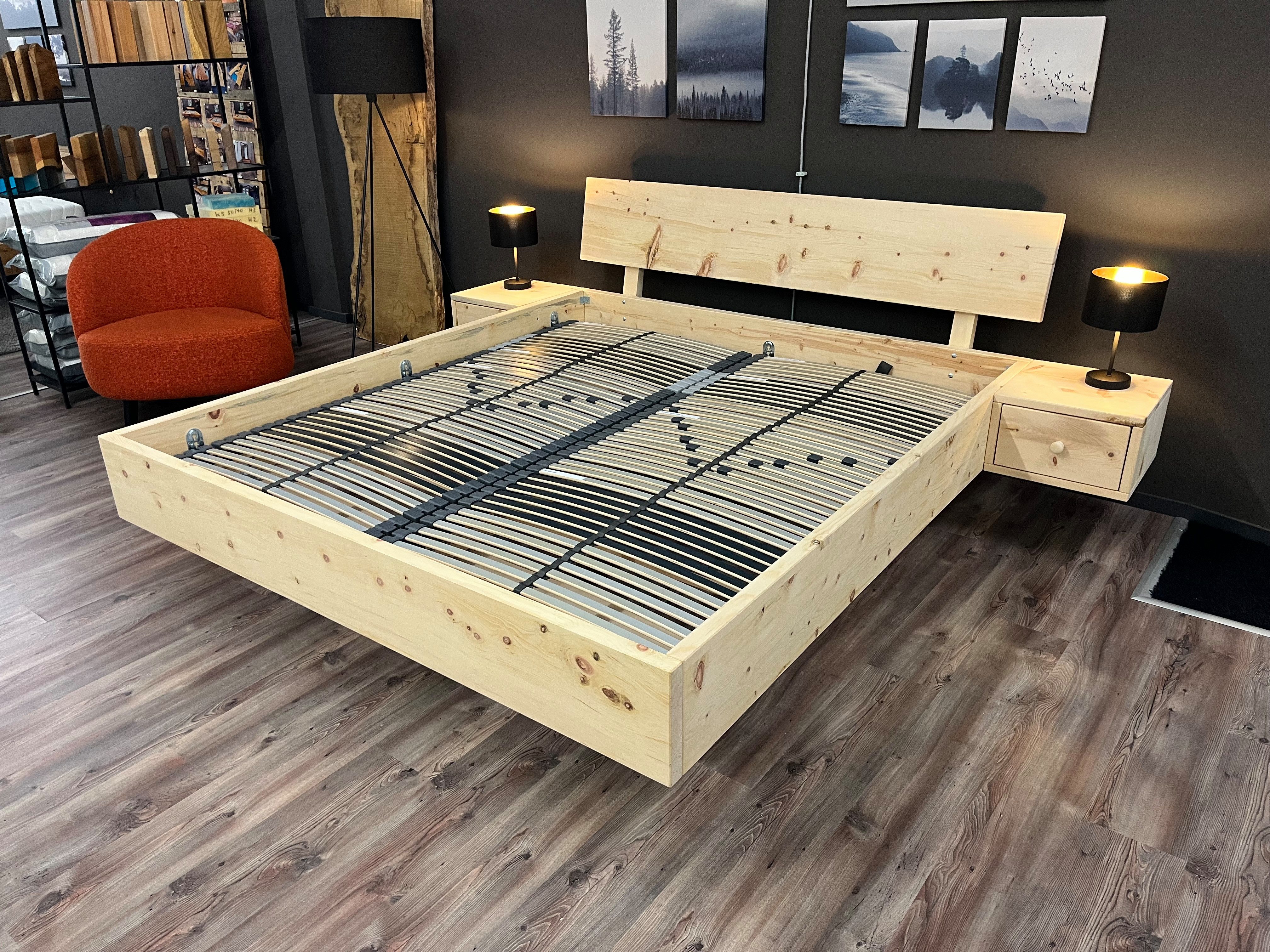 Möbel Specht Massivholzbett Sölden (Zirbe naturbelassen, Zirbenholzbett, bis zu einer Liegefläche von 300x220cm), Kufen aus Zirbenholz