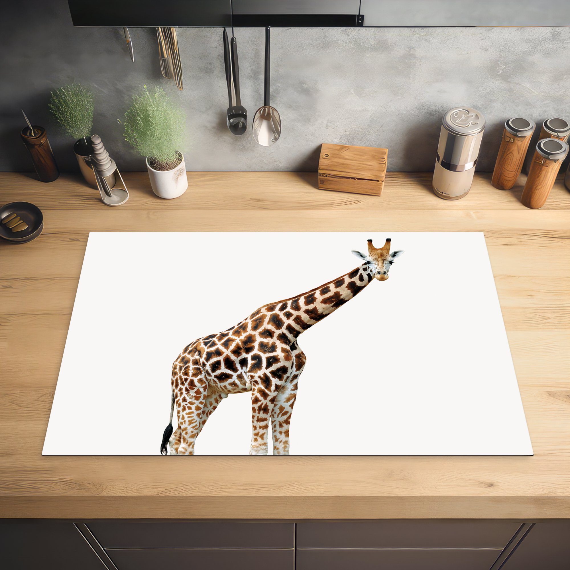 - küche - - Hintergrund (1 Giraffe Weißer 81x52 Junge Kinder Herdblende-/Abdeckplatte MuchoWow cm, tlg), für Arbeitsplatte Tiere Mädchen, Ceranfeldabdeckung, - - Vinyl,