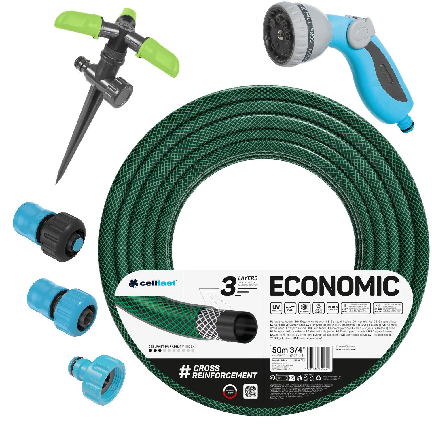 Cellfast Gartenschlauch Economic Gartenschlauch 3/4'' 50 m mit Sprühdüsen, Anschluss mit Innengewinde 3/4" + Schwenkregner + Sprühkopf