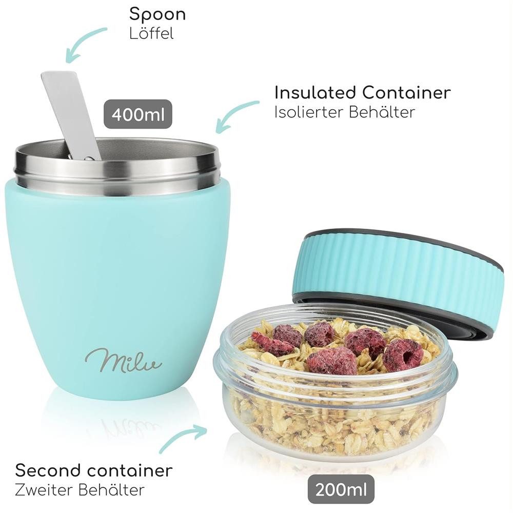 Milu Müslibox Müslibecher To Go Edelstahl 400 ml, isoliert, auslaufsicher, Müslimax Set – Bild 4 von 5