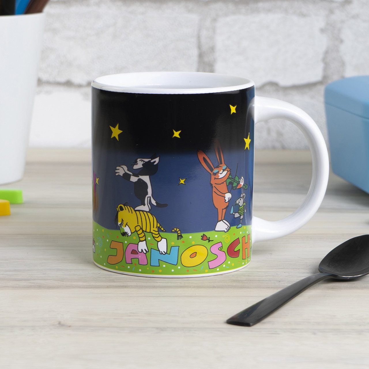Geda Labels GmbH Tasse Farbwechsel Janosch Sternenhimmel, 1-tlg., Keramik, Schwarz, 250ml, mit Thermoeffekt