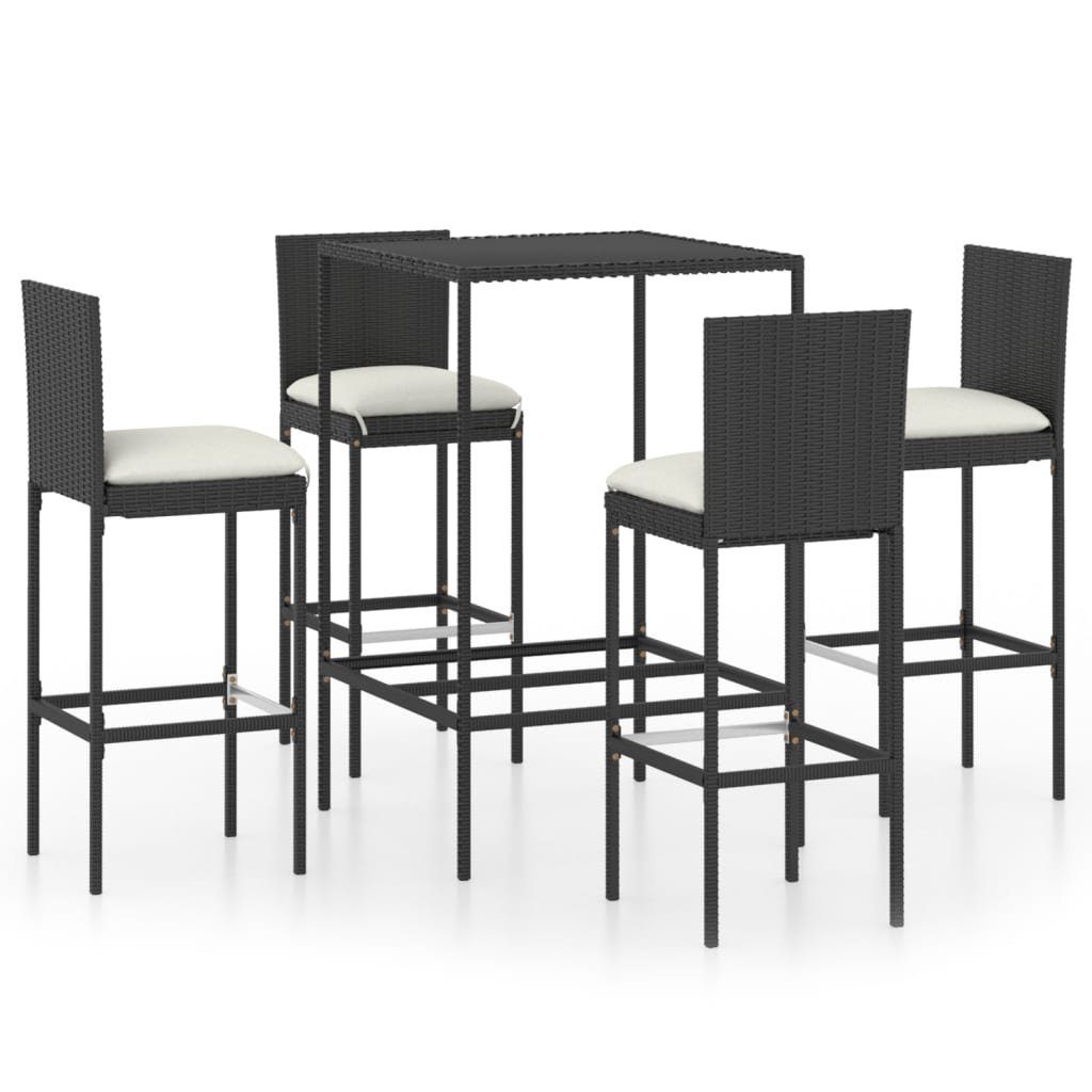 vidaXL Gartenlounge-Set 5-tlg. Gartenbar-Set mit Kissen Poly Rattan Schwarz, (4-tlg)