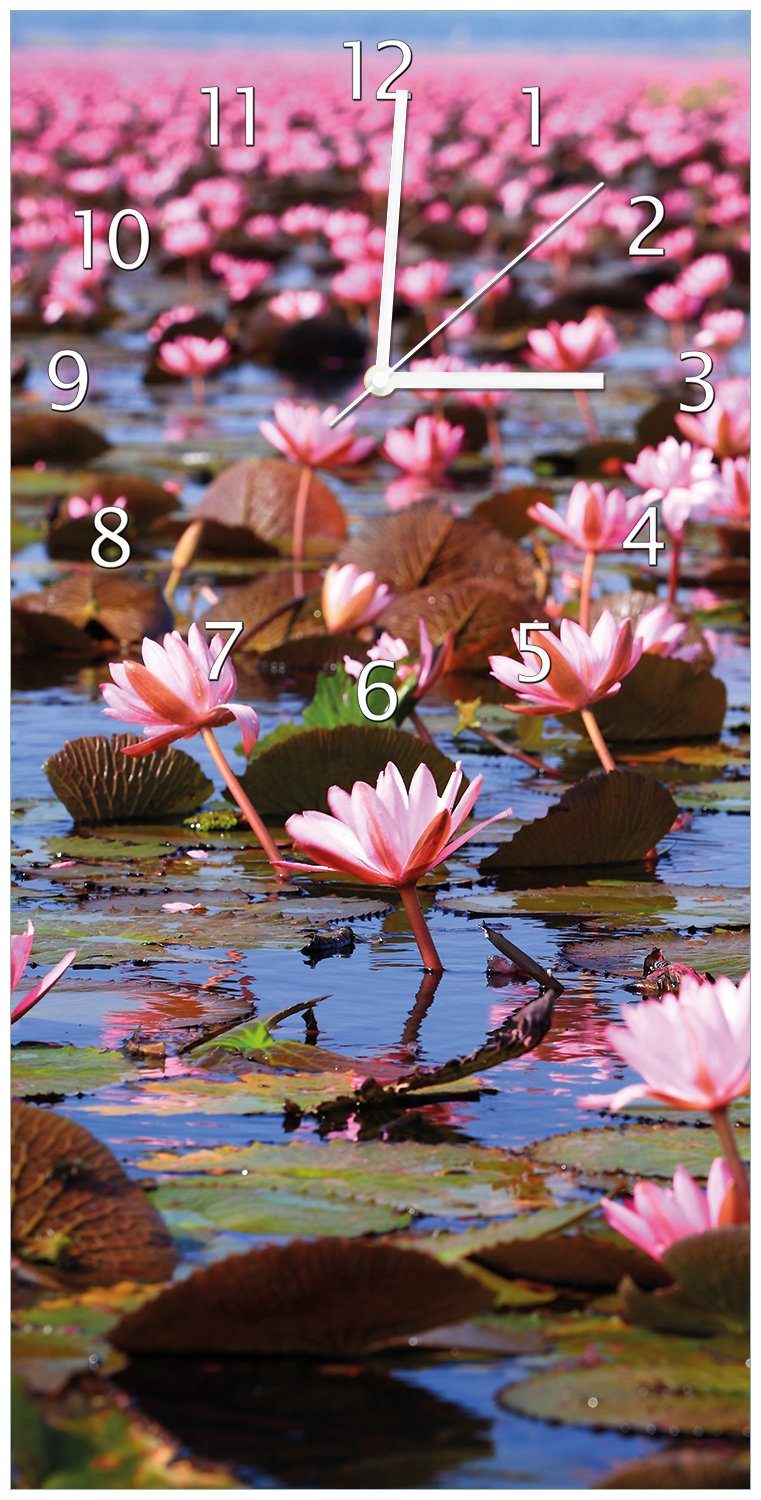 Wallario Wanduhr Seerosenlandschaft mit rosa Blüten (Uhr aus Acryl)