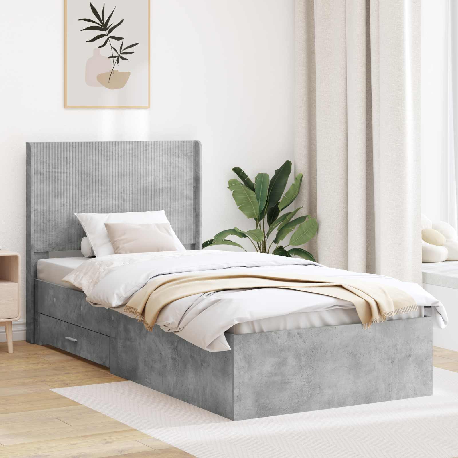 vidaXL Bett Bettgestell mit Stauraum und Kopfteil Betongrau 75 x 190 cm (1-tlg)