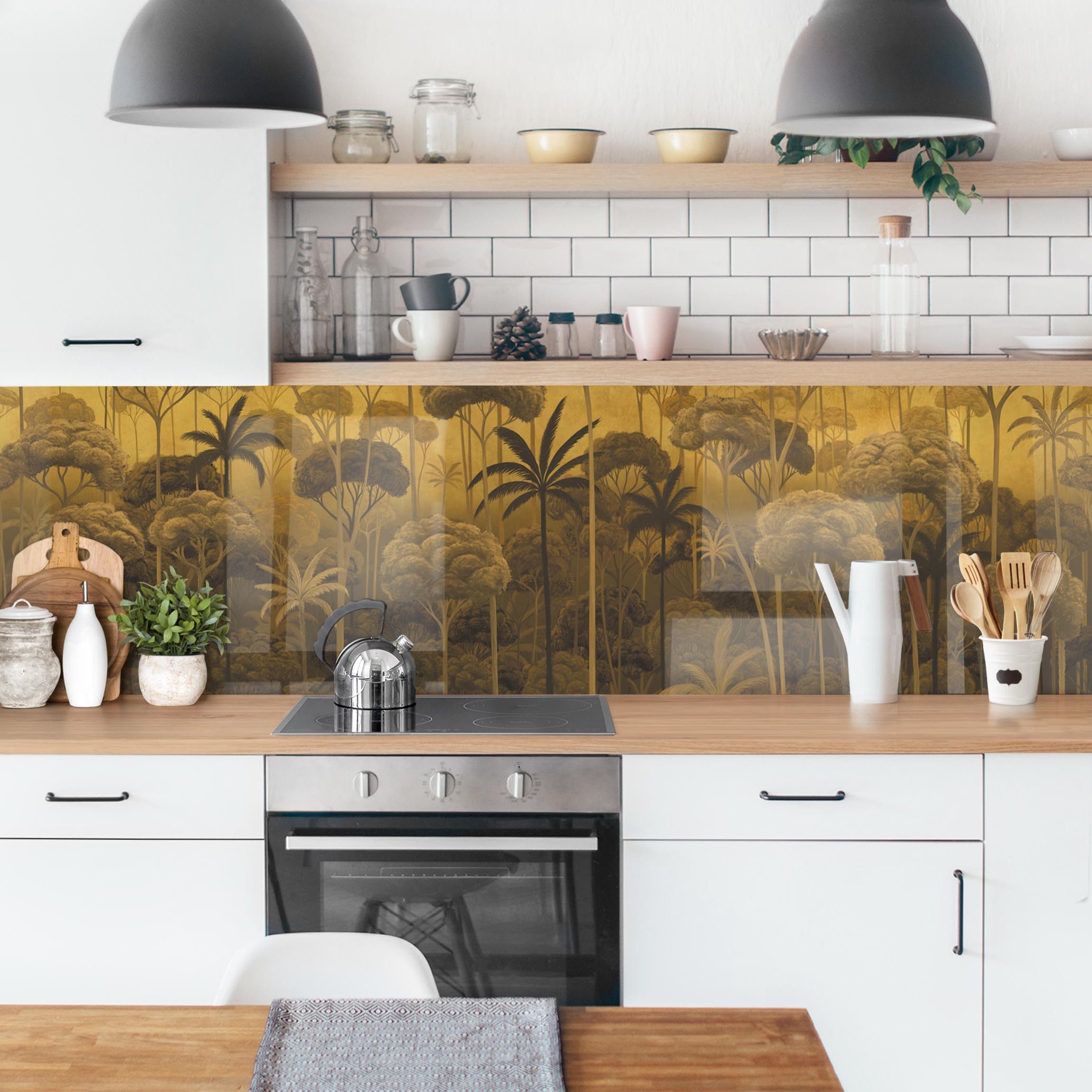 Bilderdepot24 Küchenrückwand selbstklebend gold Wald Tropisch, (1-tlg., Nischenrückwand - für Fliesenspiegel ohne Bohren - glänzend), Nischenrückwand fugenlos Wandpaneel Küche Herd