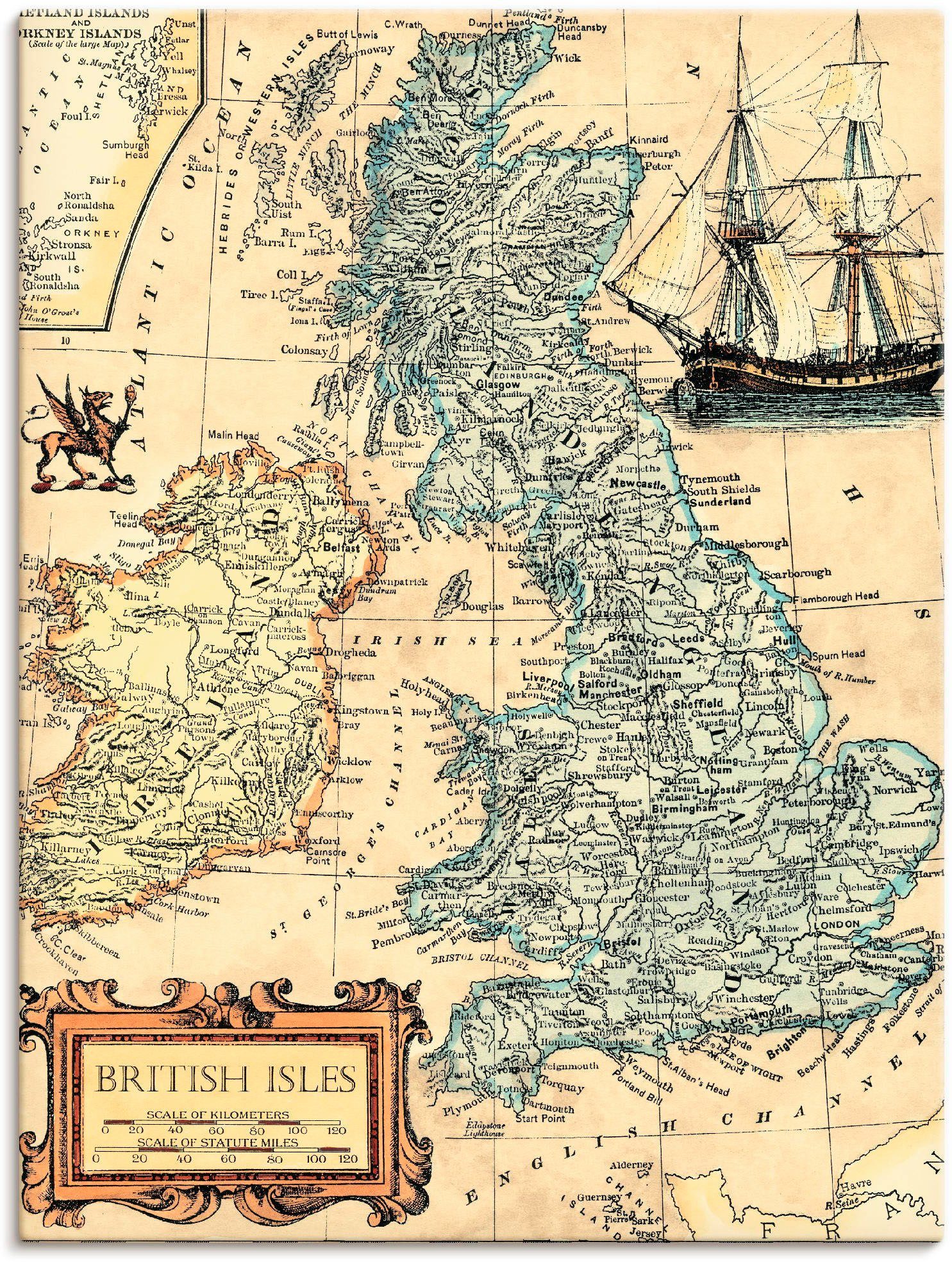 Artland Wandbild Britische Inselkarte, Landkarten (1 St), als Alubild, Leinwandbild, Wandaufkleber oder Poster in versch. Größen | Poster