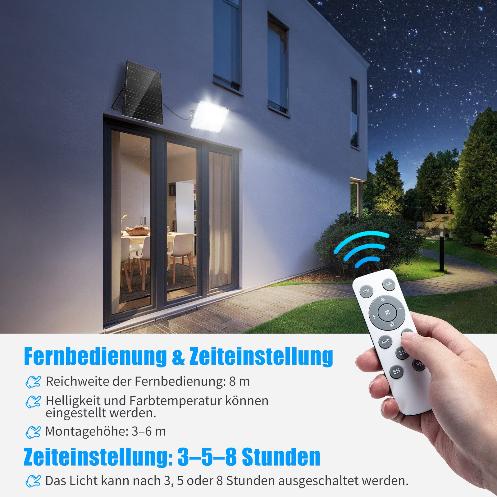 Aigostar Flutlichtstrahler Solar LED Strahler Außen mit Großer Solarpanel,Dimmbar 3000/4000/6500K, LED fest integriert, ohne Leuchtmittel, CCT-Dreifarbeneinstel – Bild 4 von 5