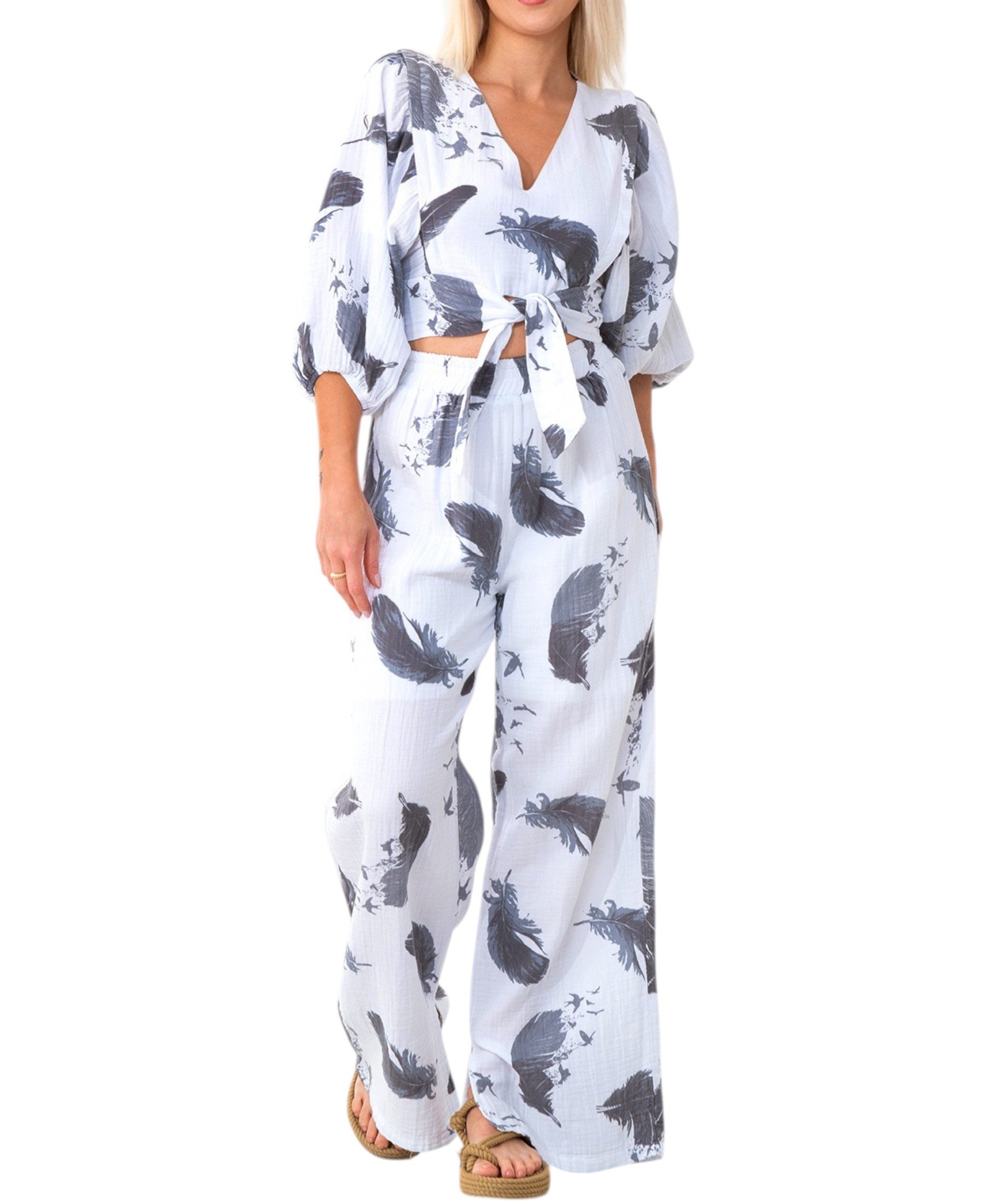 WENOR Crop-Top Set Damen Musselin-Zweiteiler mit Hose, Wickel-Top & V-Aussc günstig online kaufen