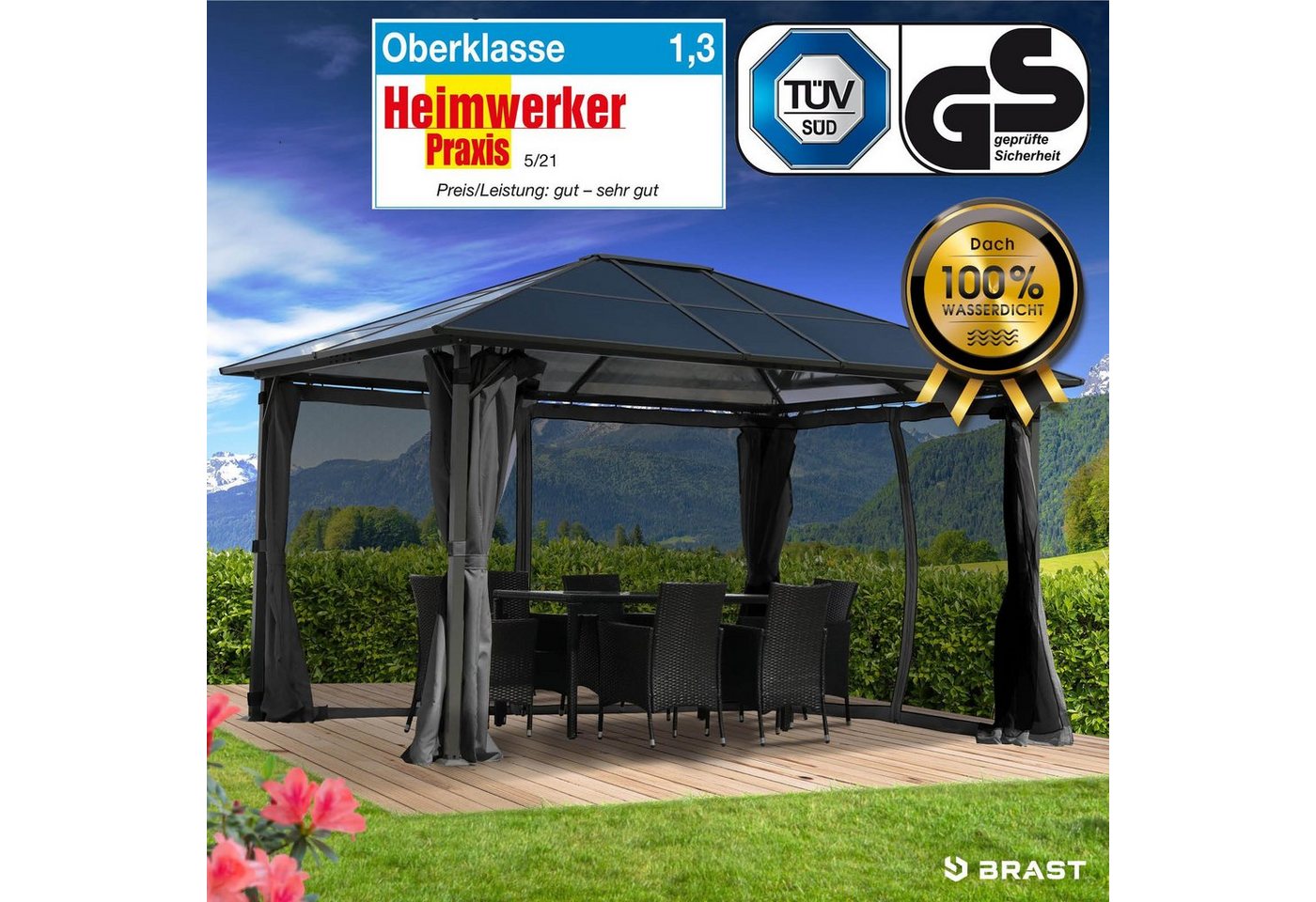 Thumbnail - BRAST Pavillon Premium Aluminium Größen 3x4m 3,6x4,8m Moskitonetz, wahlweise mit LED, TÜV, wasserdicht, UV-Schutz, feste...