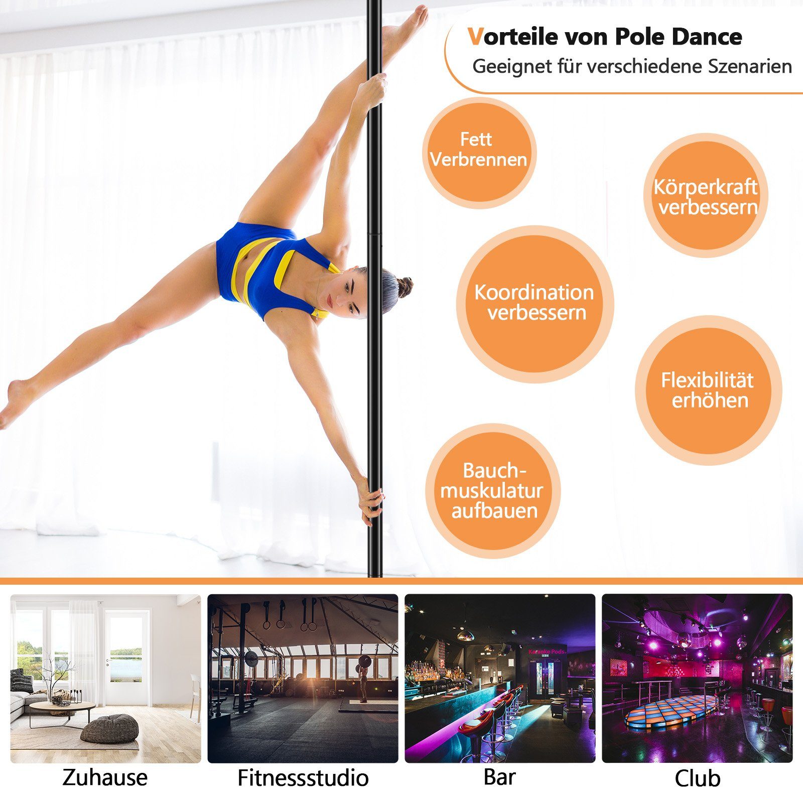 COSTWAY Trainingsstation Tanzstange, 2,23 m bis 2,82 m höhenverstellbar