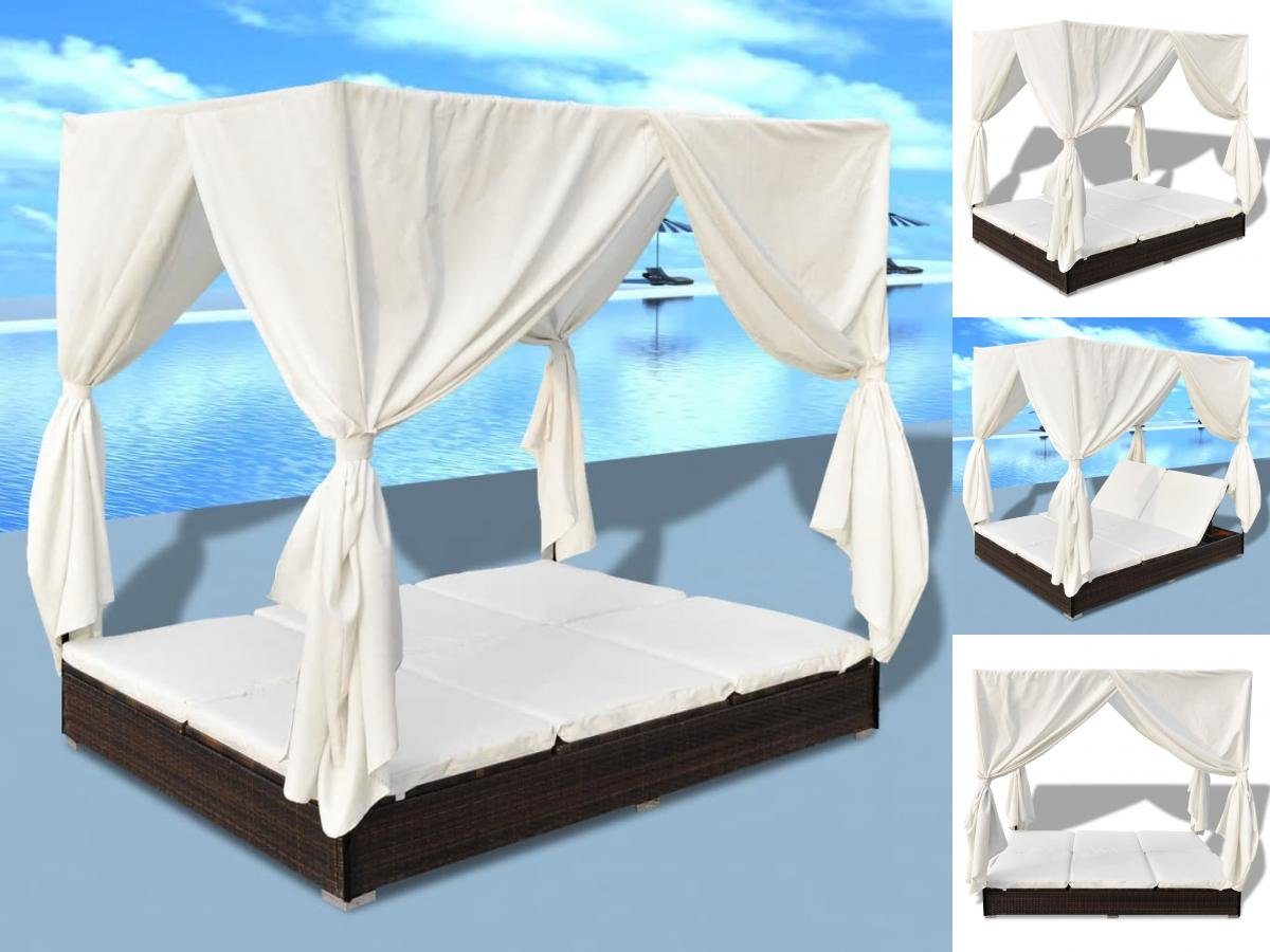 vidaXL Wellnessliege Outdoor-Loungebett mit Vorhang Polyrattan Braun Gartenliege Sonnenlieg