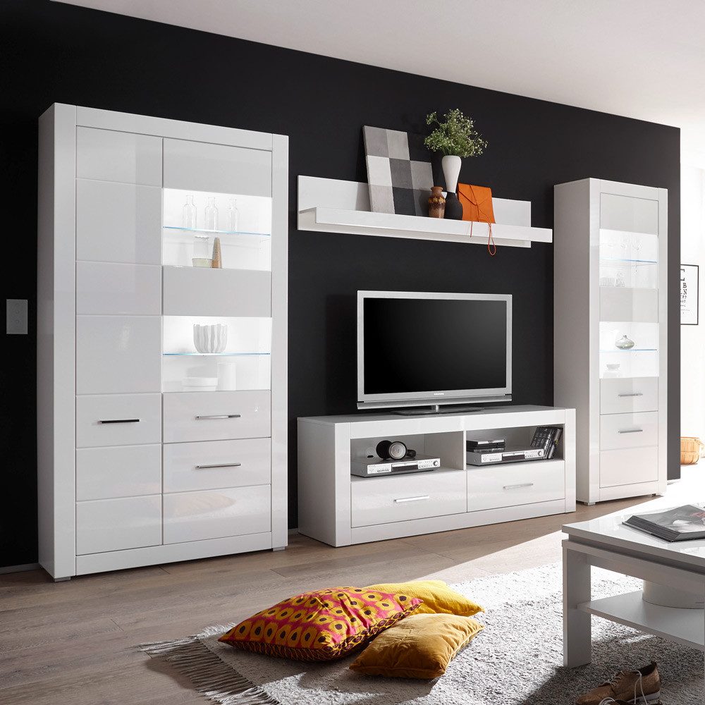 Lomadox Wohnwand BALVE-61, (4-St), Anbauwand weiß Hochglanz mit Stand-Vitrine & LED, BxHxT: 335x198x45cm