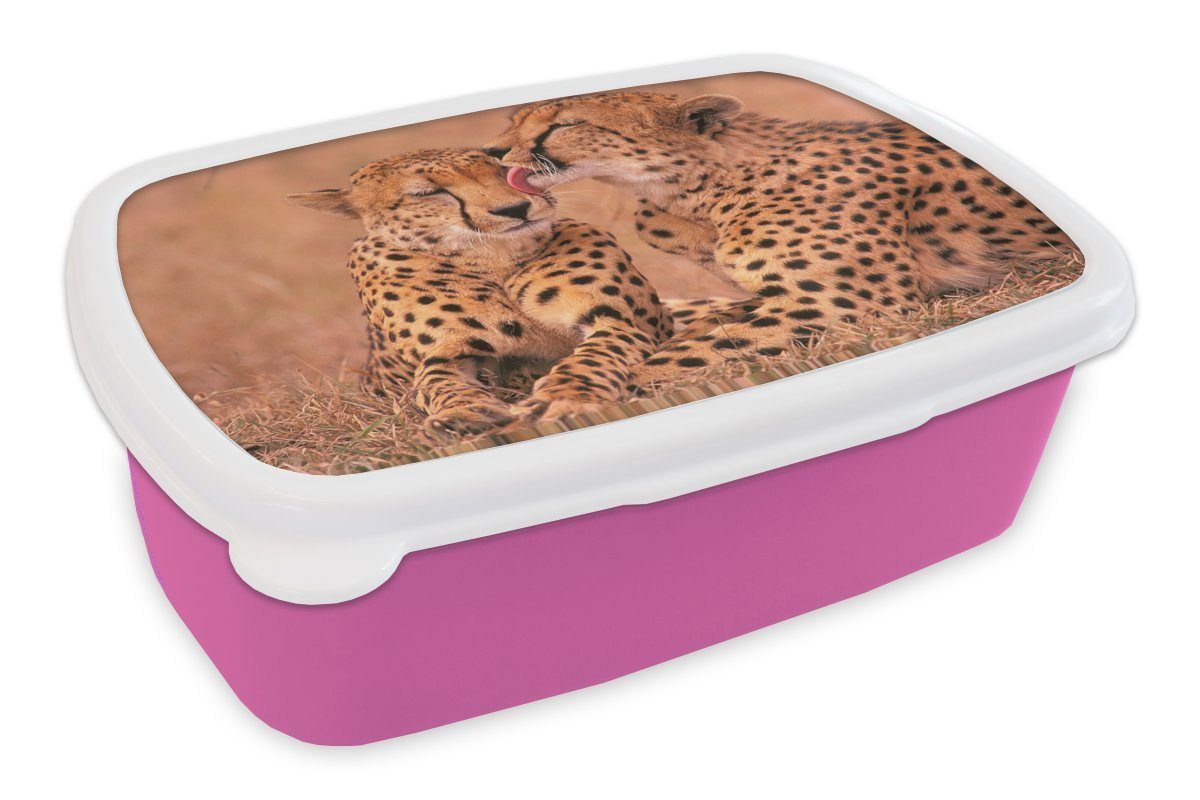 MuchoWow Lunchbox Baby-Geparden, Kunststoff, (2-tlg), Brotbox für Erwachsene, Brotdose Kinder, Snackbox, Mädchen, Kunststoff rosa