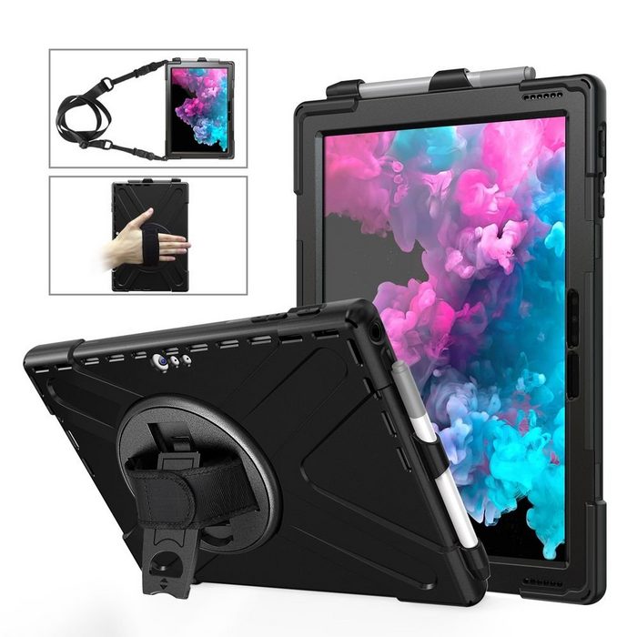 Wigento Tablet-Hülle Für Microsoft Surface Pro 4 / 5 / 6 / 7 / 7 + Plus 360 Grad Hybrid Outdoor Schutzhülle Case Schwarz Tasche Cover Etuis