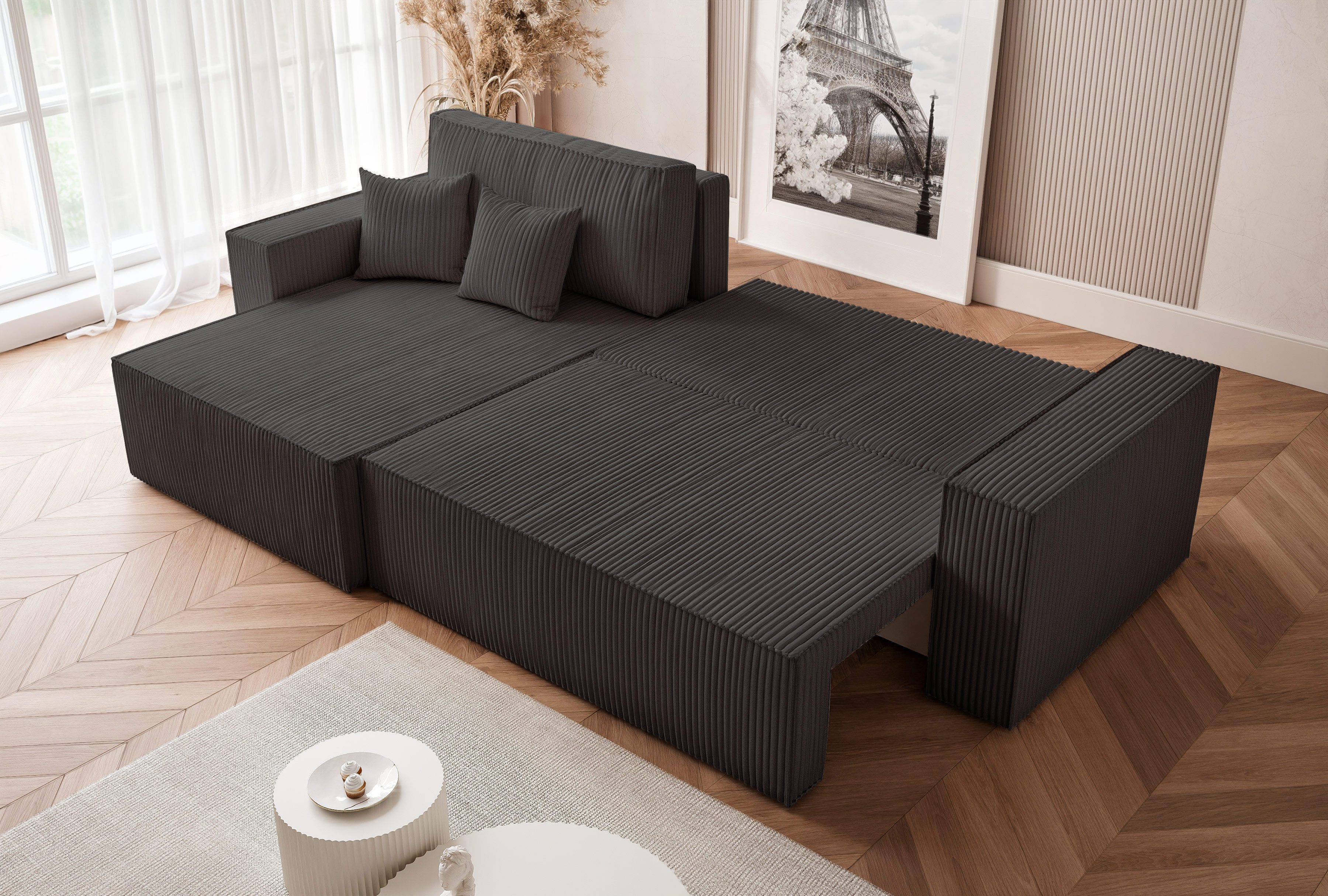 yourhouse24 Ecksofa PARIS XL - Trend-Cord, Schlaffunktion & abnehmbare Bezüge, mit Schlaffunktion und Bettkasten, Seite universal