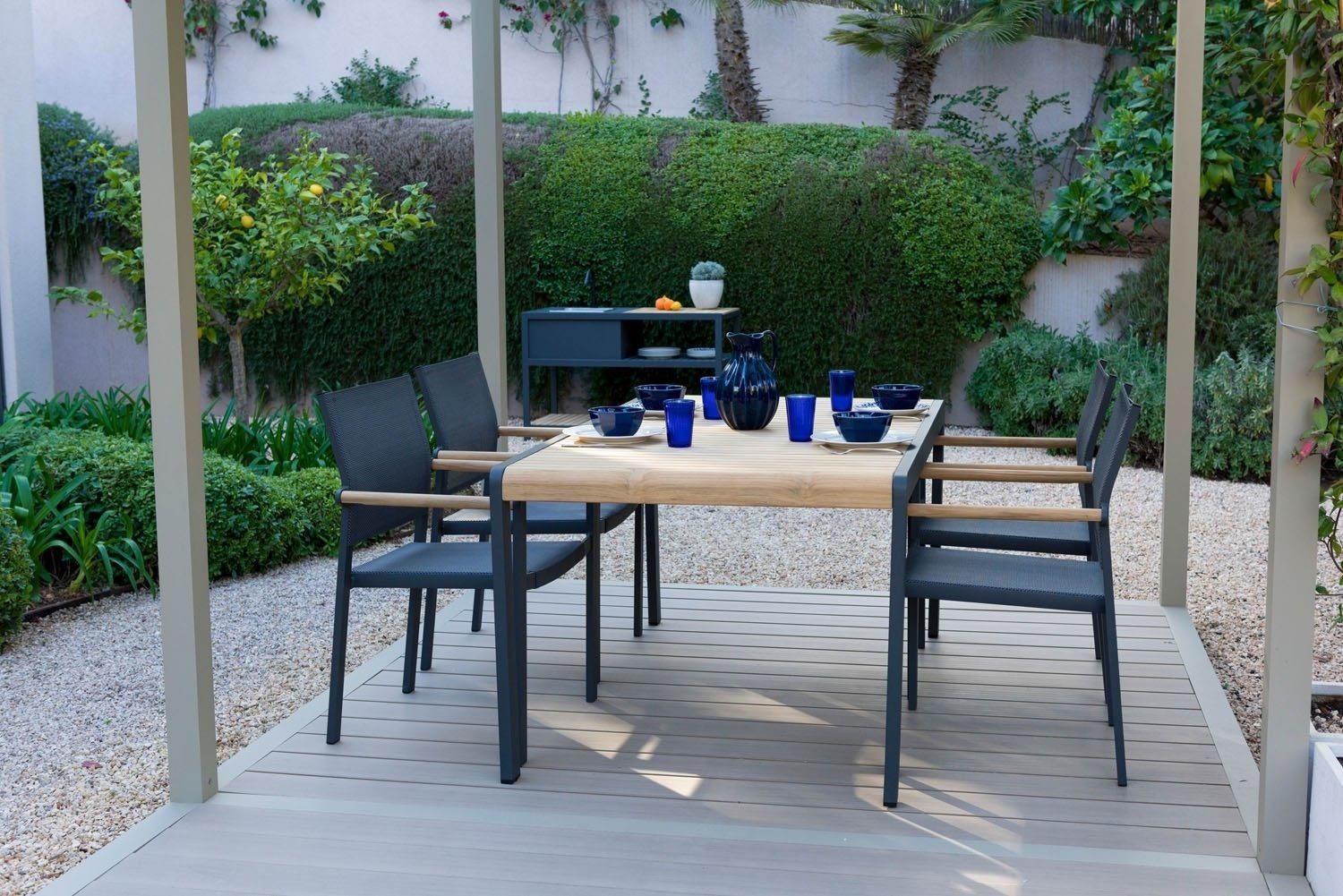 Outdoor Gartentisch AMBER, B 163 x T 95 cm, Anthrazit, Braun, Aluminium, Tischplatte aus Teakholz
