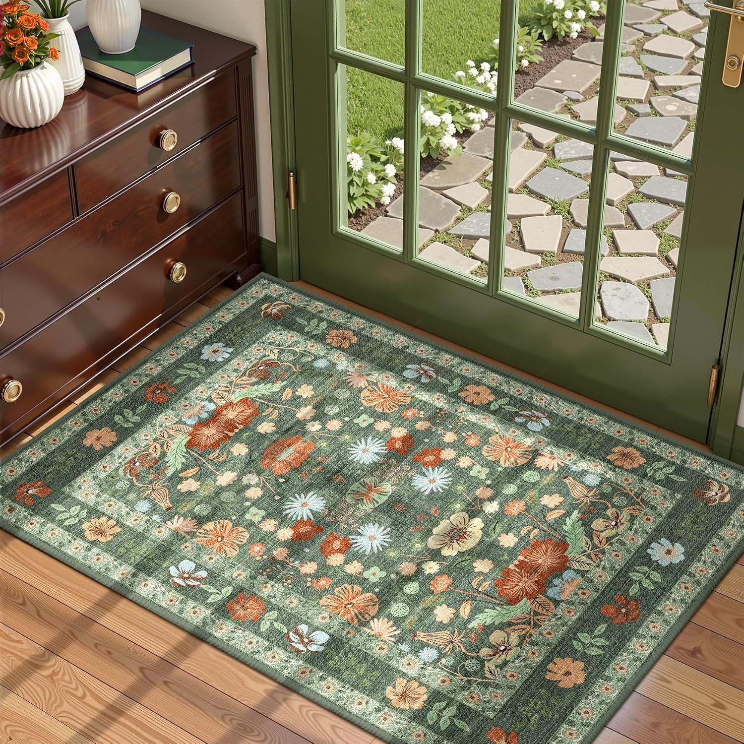 Agger Fußmatte Vintage-Blumen-Fußmatte, Boho-Teppich für den Eingangsbereich, dekorative Fußmatte für Badezimmer, Haustür und Wohnraumdekoration – Bild 4 von 5