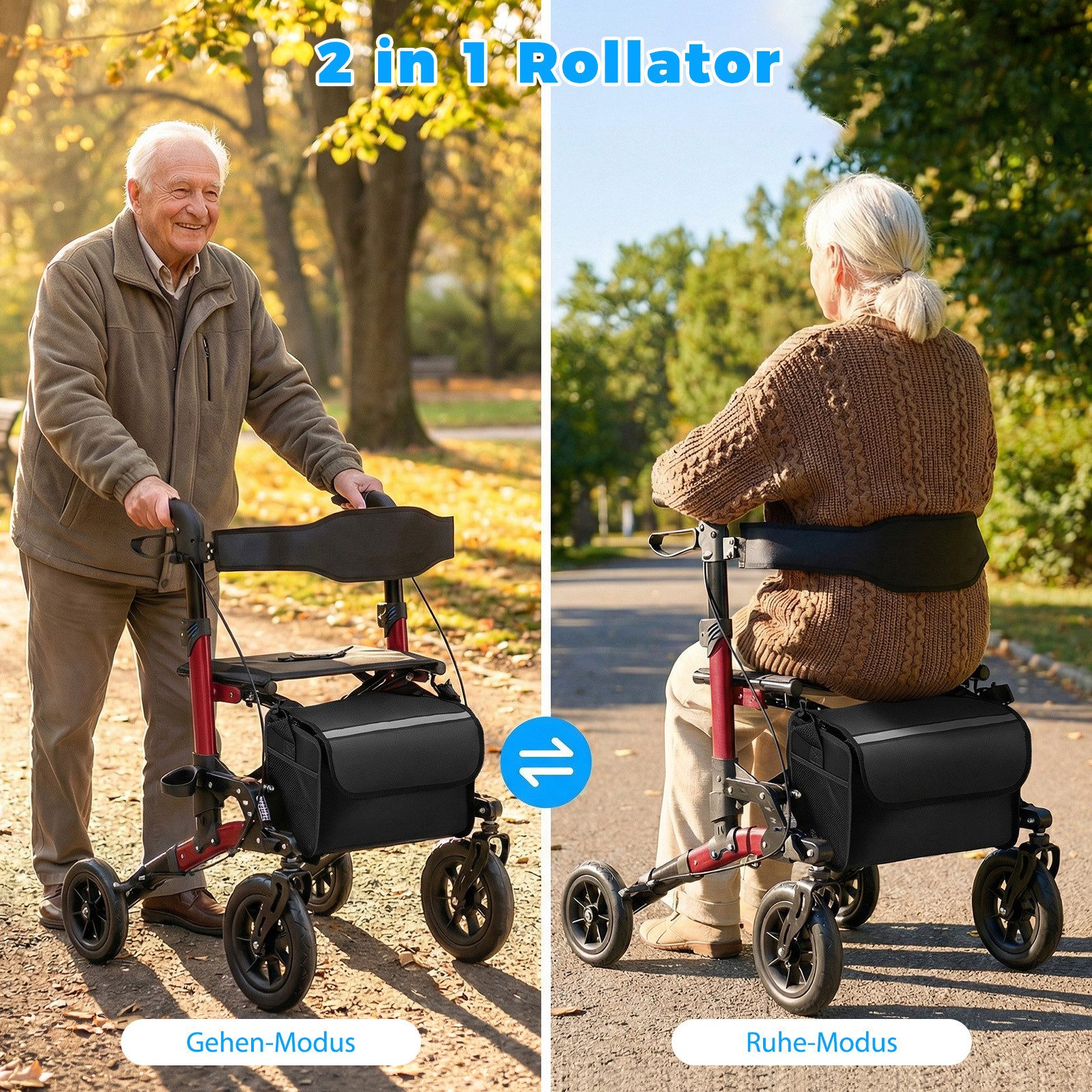 COSTWAY Rollator, Faltbar und leicht mit Sitz, Tasche & Stockhalter, bis 136 kg