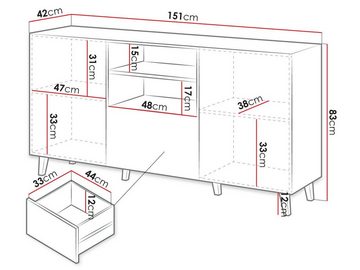 MIRJAN24 Kommode Pafos 150 (mit 2 Türen und Schublade), 151x42x83 cm, Fronten gefräst