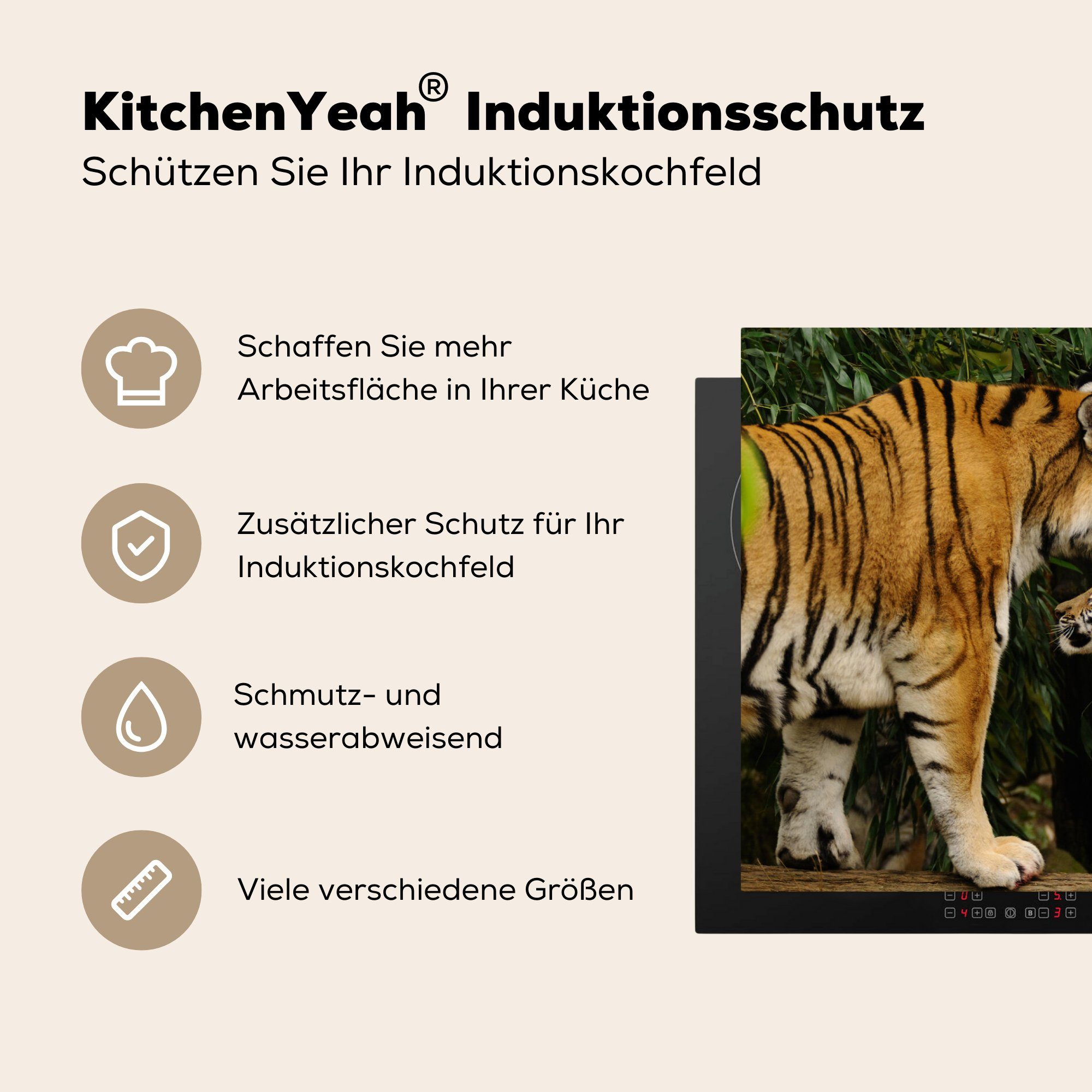 für 81x52 Schutz küche, Wald, - die Ceranfeldabdeckung Induktionskochfeld Tiere Herdblende-/Abdeckplatte Tiger MuchoWow cm, (1 - Vinyl, tlg),