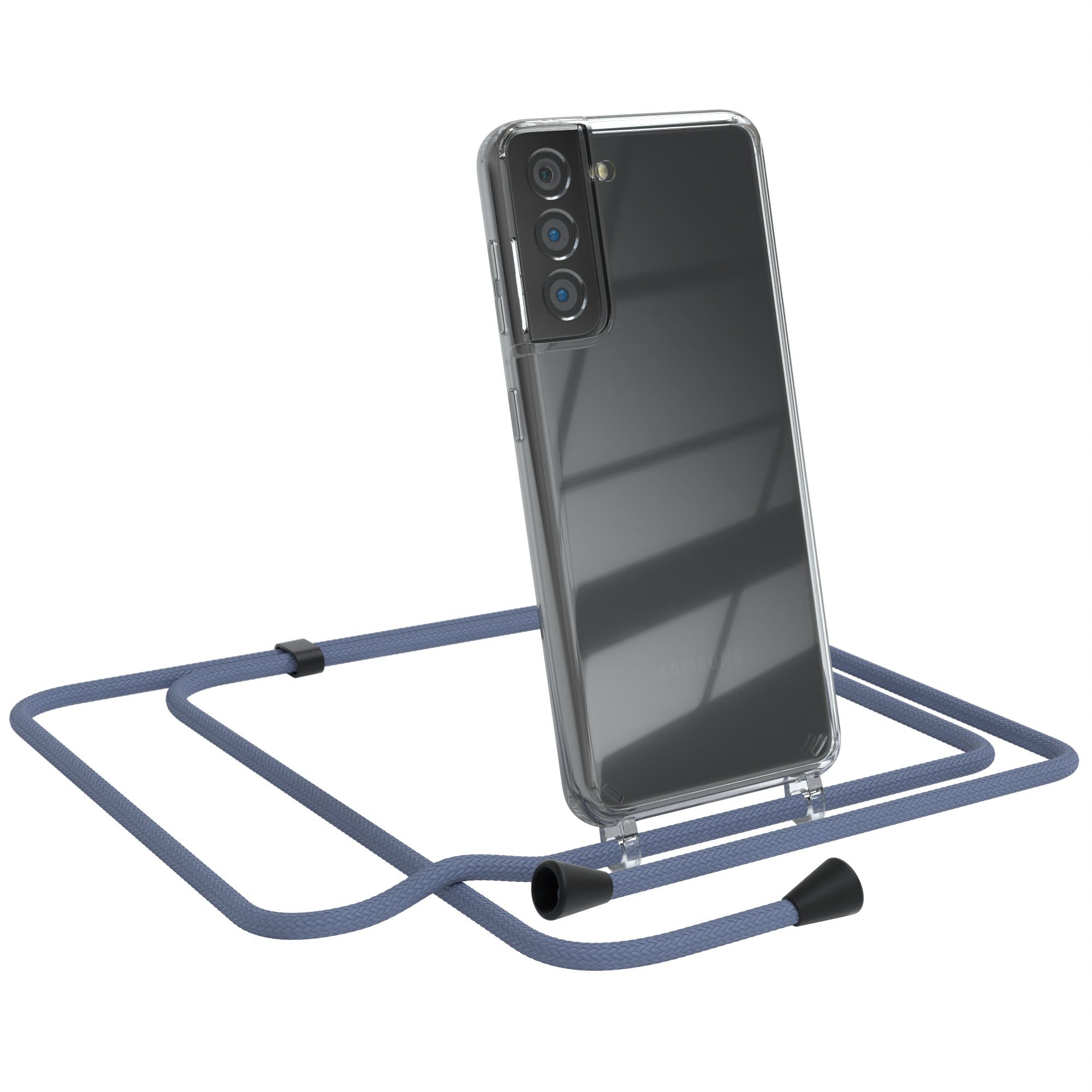 EAZY CASE Handykette Kette Clips Schwarz für Samsung Galaxy S21 5G 6,2 Zoll, Silikonhülle Transparent Handyhülle mit Kordel Kette zum Umhängen Blau