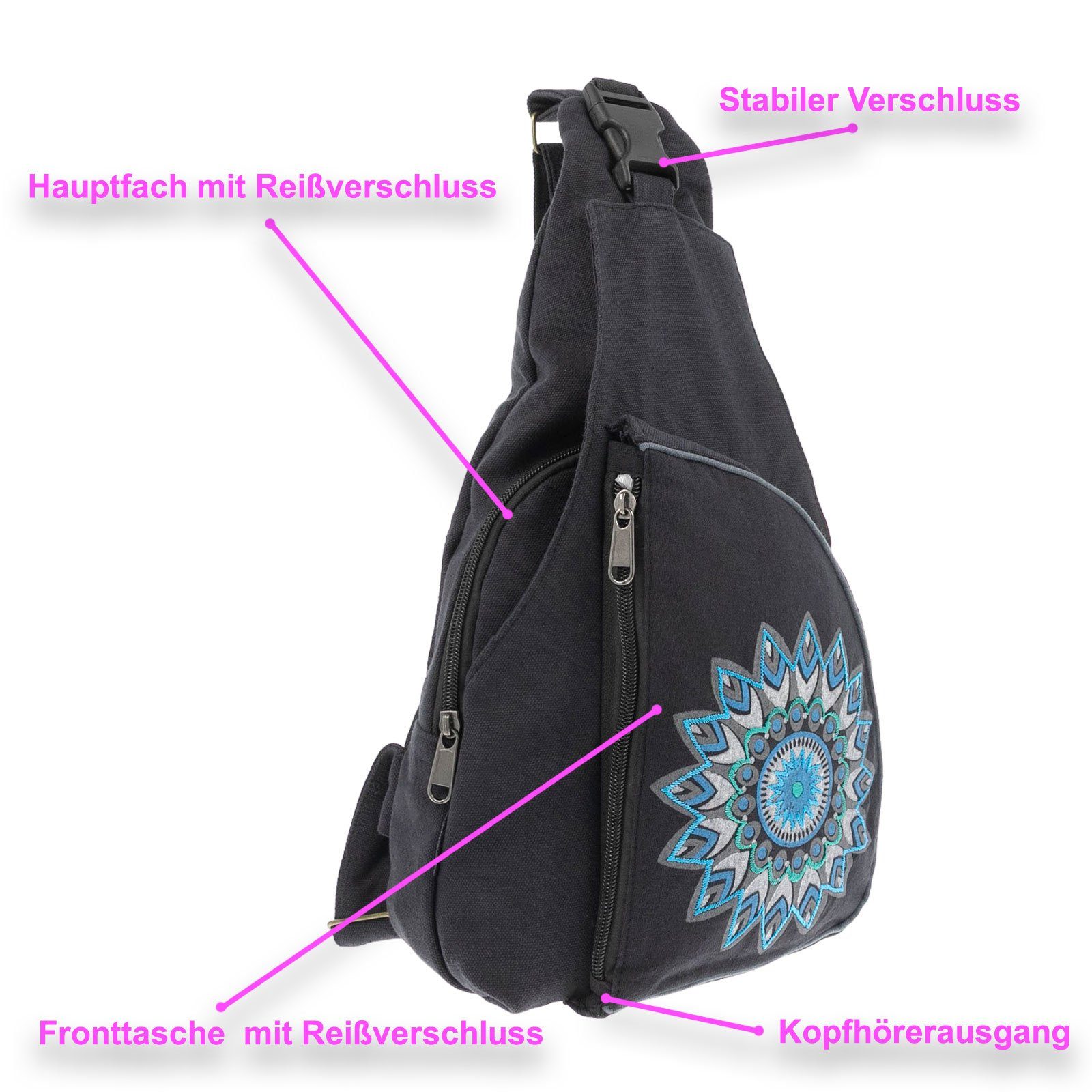 Schwarz Kunst&Magie M MAGIE UND Grau Bodybag / Rucksack Slingbag KUNST Schultertasche Hippie Mandala Schultertasche