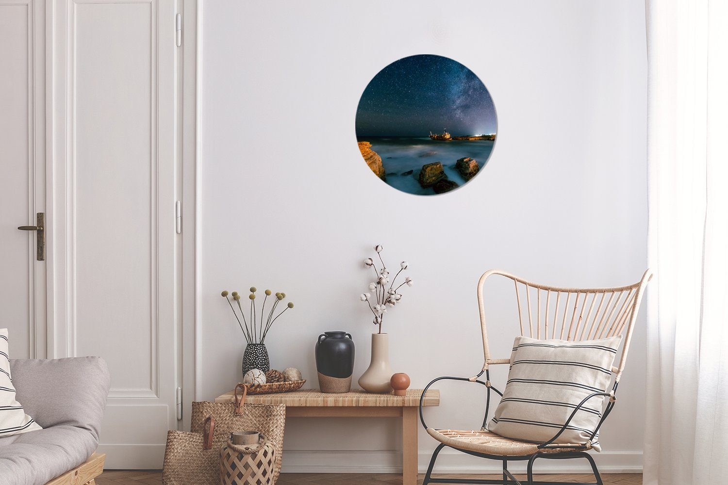 Wohnzimmer, auf Zypern, unter 30x30 Gemälde cm Sternenhimmel Wandbild, Ein (1 Kreis Schiff Forex, verlassenes MuchoWow St), Wanddekoration einem Rundes