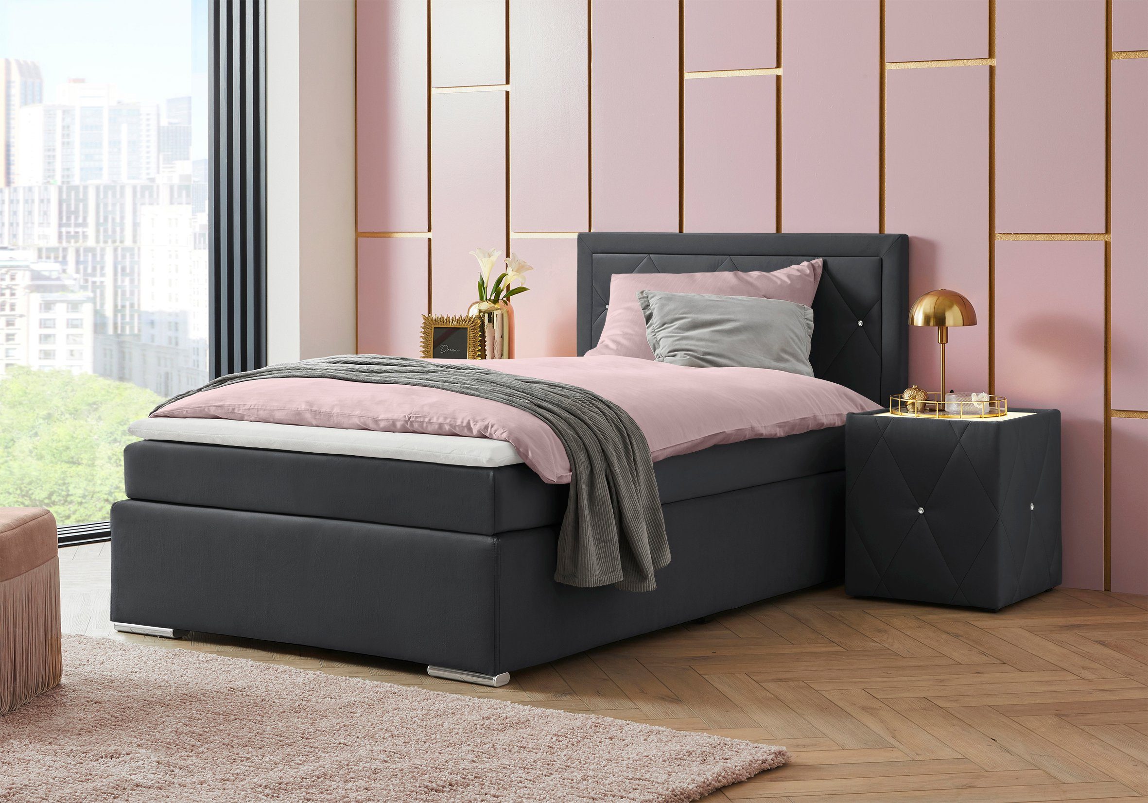 Home affaire Boxbett ALFIE, Polsterbett wahlweise mit Bettkasten, Samtvelours-Bezug (mit PUR-Schaumtopper (H2), Kaltschaumtopper (H3) oder Viscotopper (H4), mit Bonnell-oder Taschenfederkernmatratze H2,H3, H4, 120/140/180x200cm
