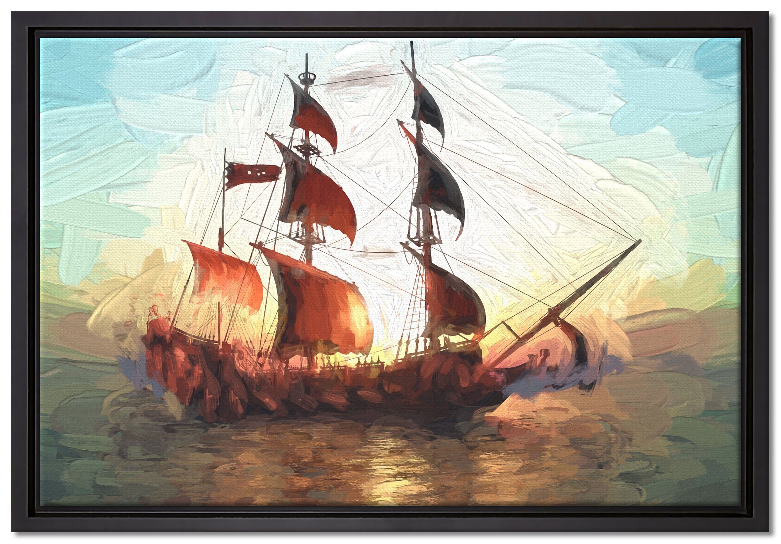 Segelschiff, bespannt, (1 Leinwandbild einem Pixxprint inkl. fertig Wanddekoration Schattenfugen-Bilderrahmen Leinwandbild in St), Zackenaufhänger gefasst,