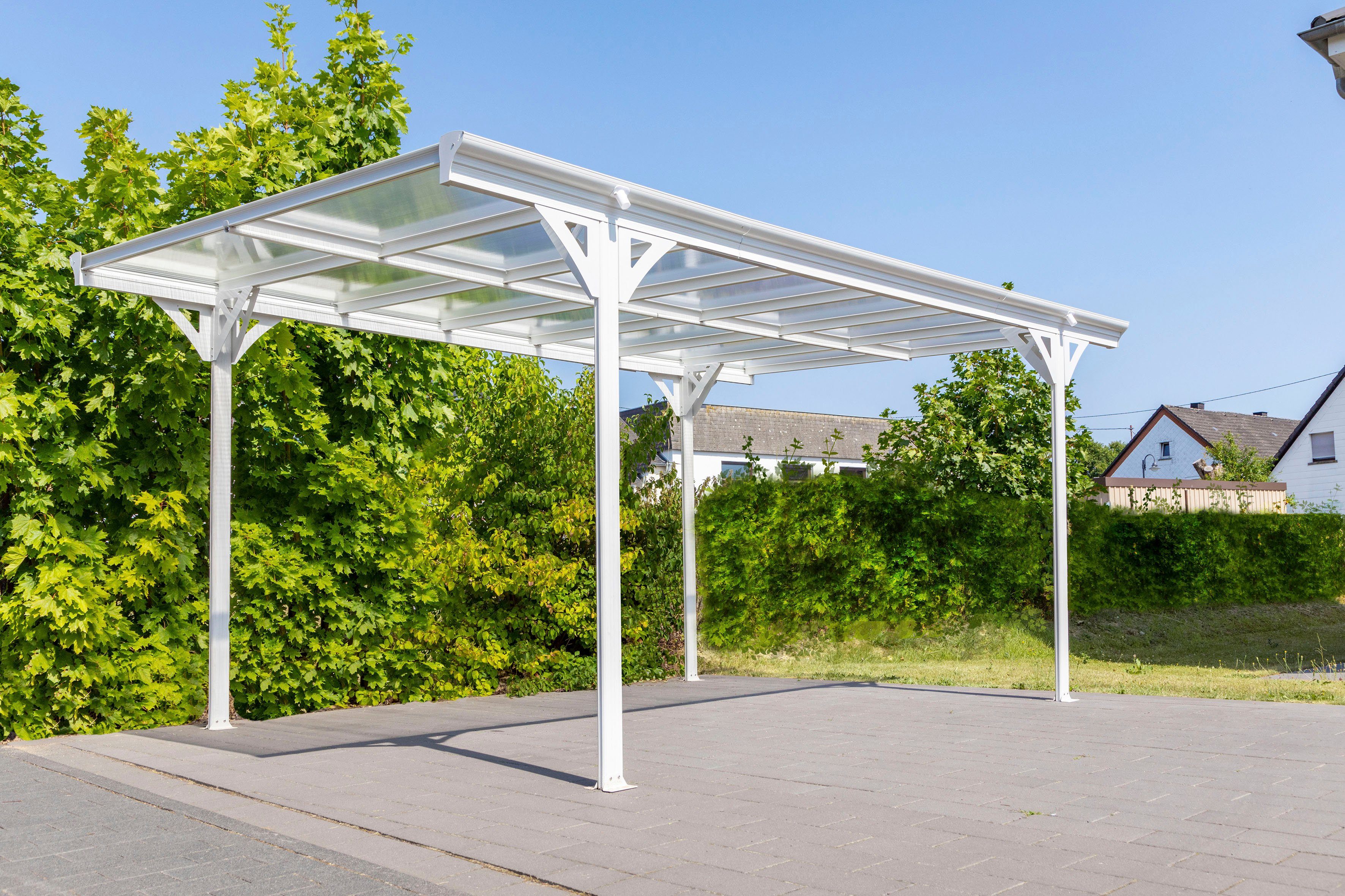 WESTMANN Einzelcarport Flachdach, aus Regenrinne Aluminium, und 305x503 cm, Einfahrtshöhe, Schrauben-Kit inkl. 217 cm BxT