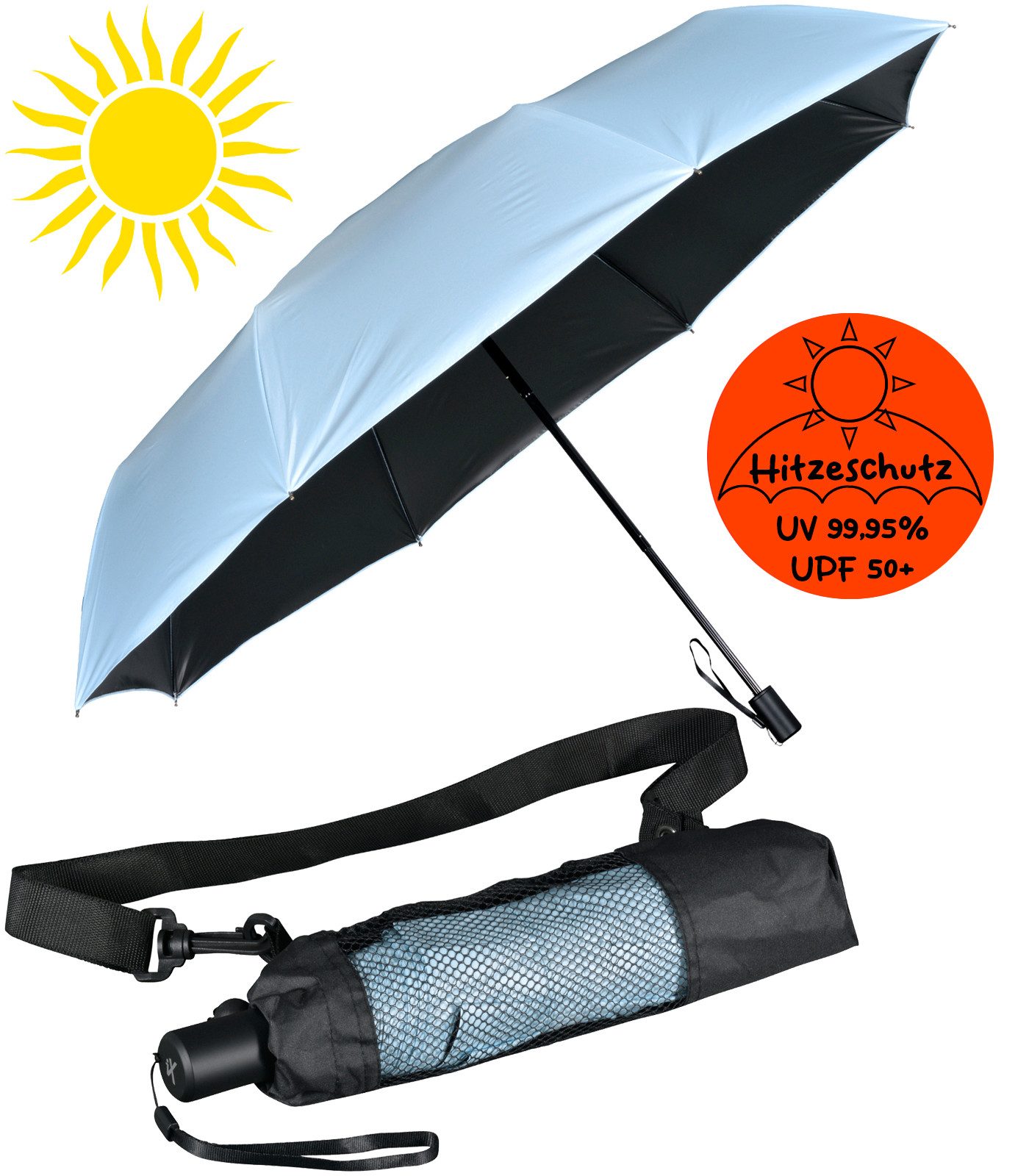 iX-brella Trekkingschirm XL Sonnen-Regenschirm mit UPF 50+, UV-Hitze-Schutz, mit Umhängetasche, mit Handöffner, innen schwarz