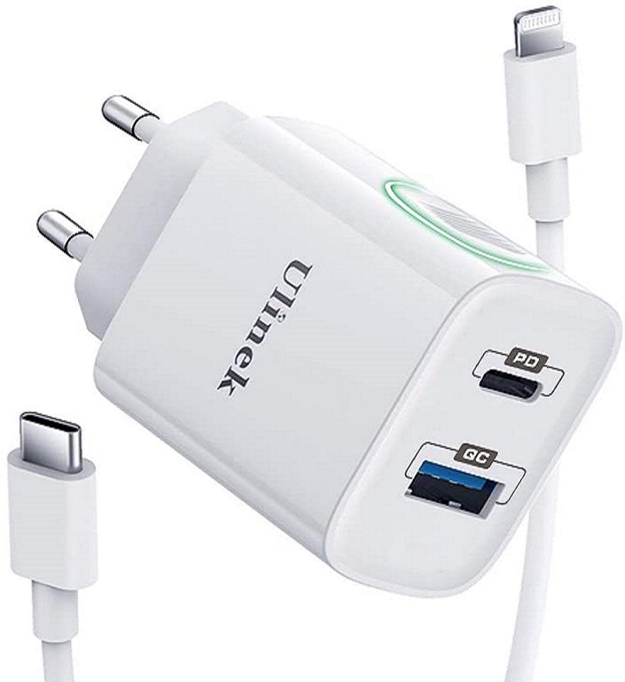 Quntis 20W 2-Port Schnellladegerät mit 2M Type C Lightningkabel, USB-Ladegerät (1-tlg., (Schnellladegerät + Kabel Set)passt für iPhone 11, 12, 13, 14, Pro, Xr)