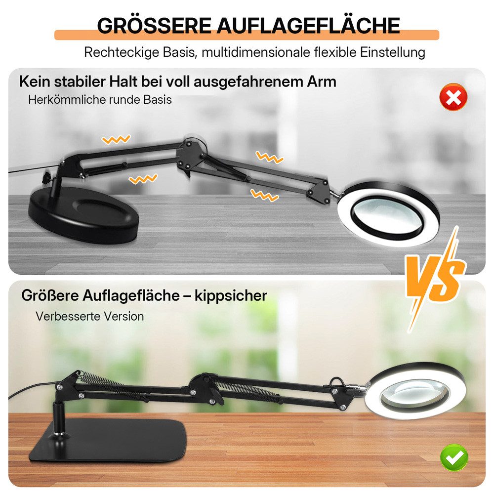 i@home Lupenlampe 2-in-1-Lupe mit Licht und Stativ, LED wechselbar, 10-fach, mit großem Fuß und Klemme, stufenlos dimmbare 3-Farben-Lupe