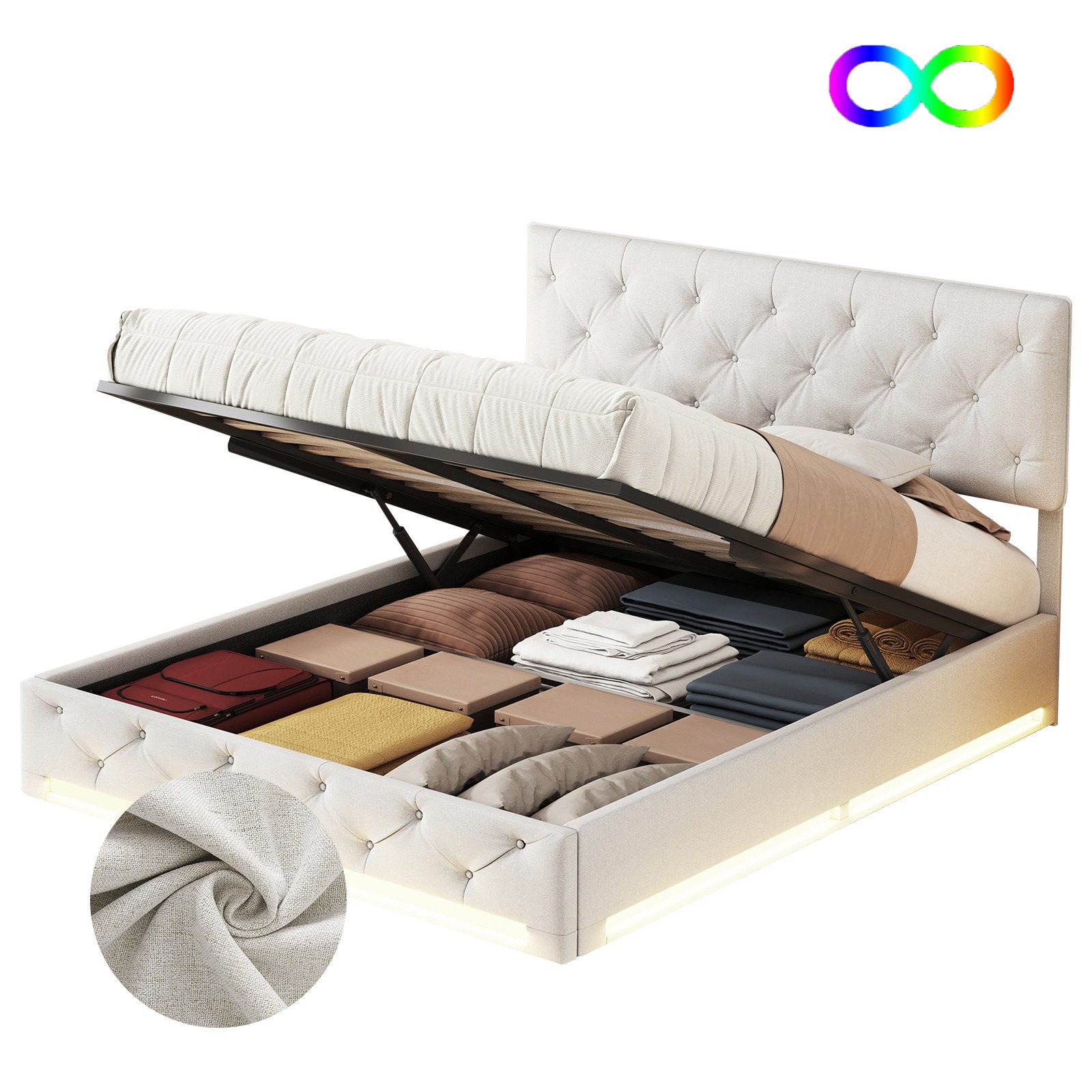 FUROKOY Boxspringbett 140x200cm LED Doppelbett Stauraumbett günstig online kaufen