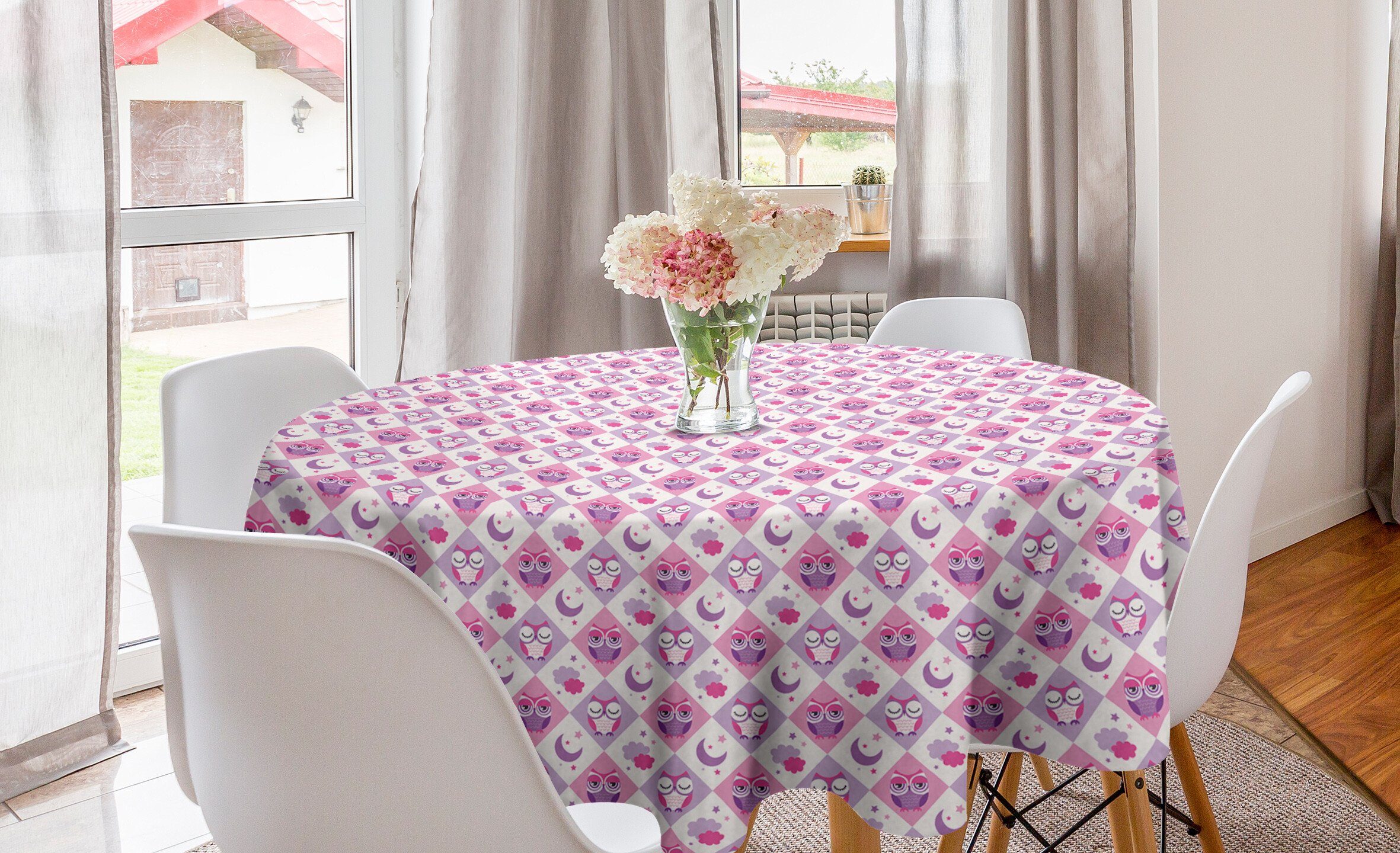 Abakuhaus Tischdecke Kreis Tischdecke Abdeckung für Esszimmer Küche Dekoration, Baby Kariertes Muster Eulen | Tischdecken