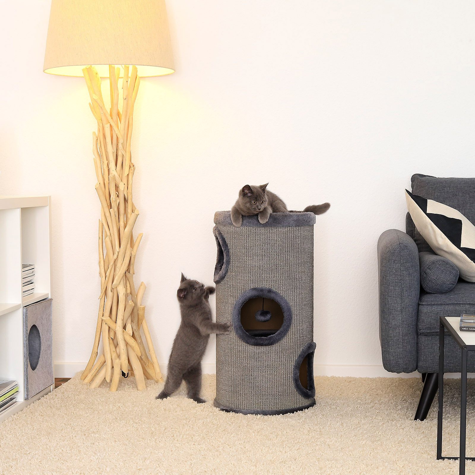 lionto Kratztonne Sisal 70 cm, Kratzturm mit 3 Eingängen & Kuschelbett, grau, (1-tlg), robust & platzsparend, Katzenspielplatz