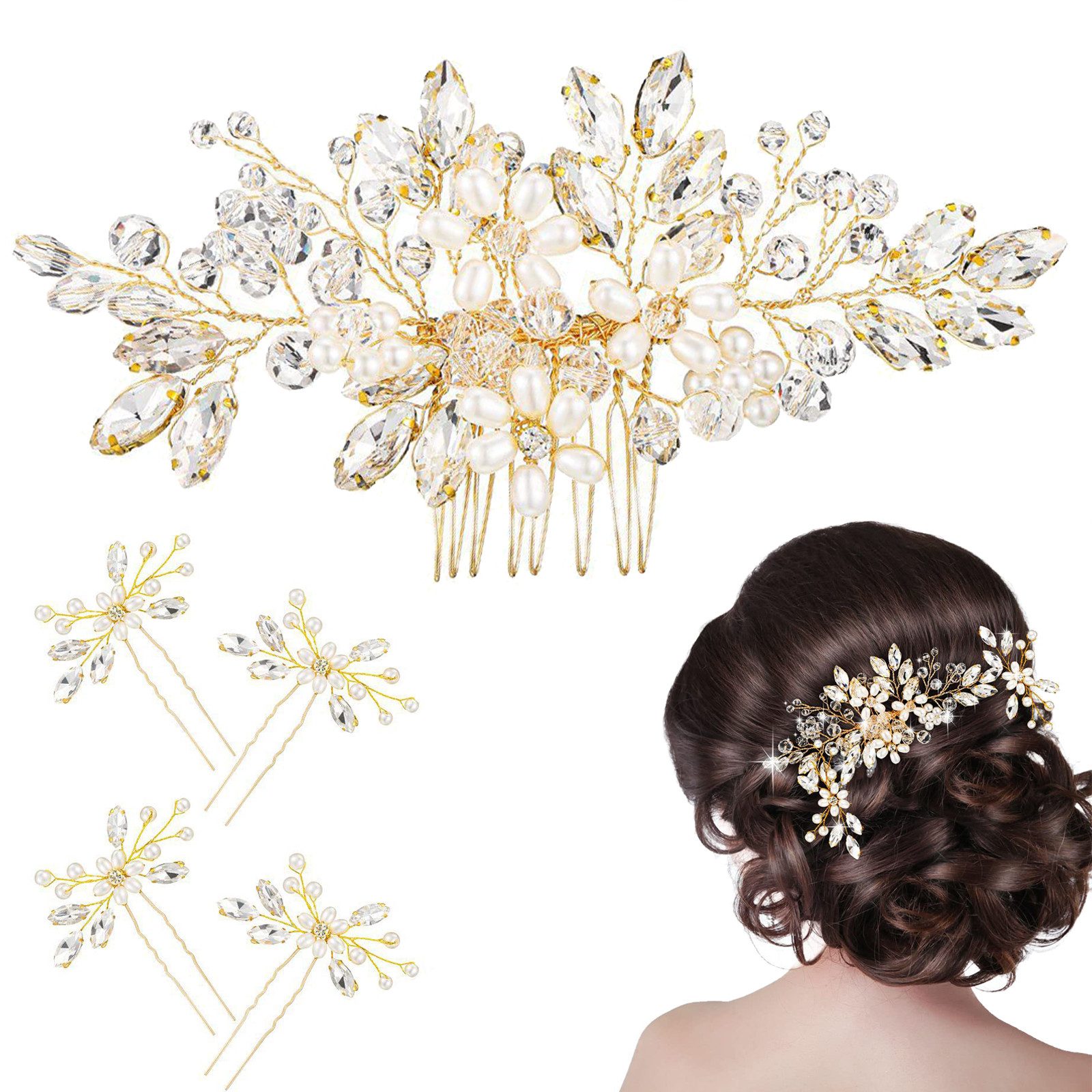 ZEUOPQ Diadem Haarkamm 5 Stück Hochzeit Haarschmuck Set, Perle Strass Brautschmuck (Haarschmuck-Set für Hochzeiten mit Haarkamm und Haarnadeln, 5-tlg., 1 Haarkamm aus Kristall und 4 Strass-Haarnadeln für elegantes Styling)