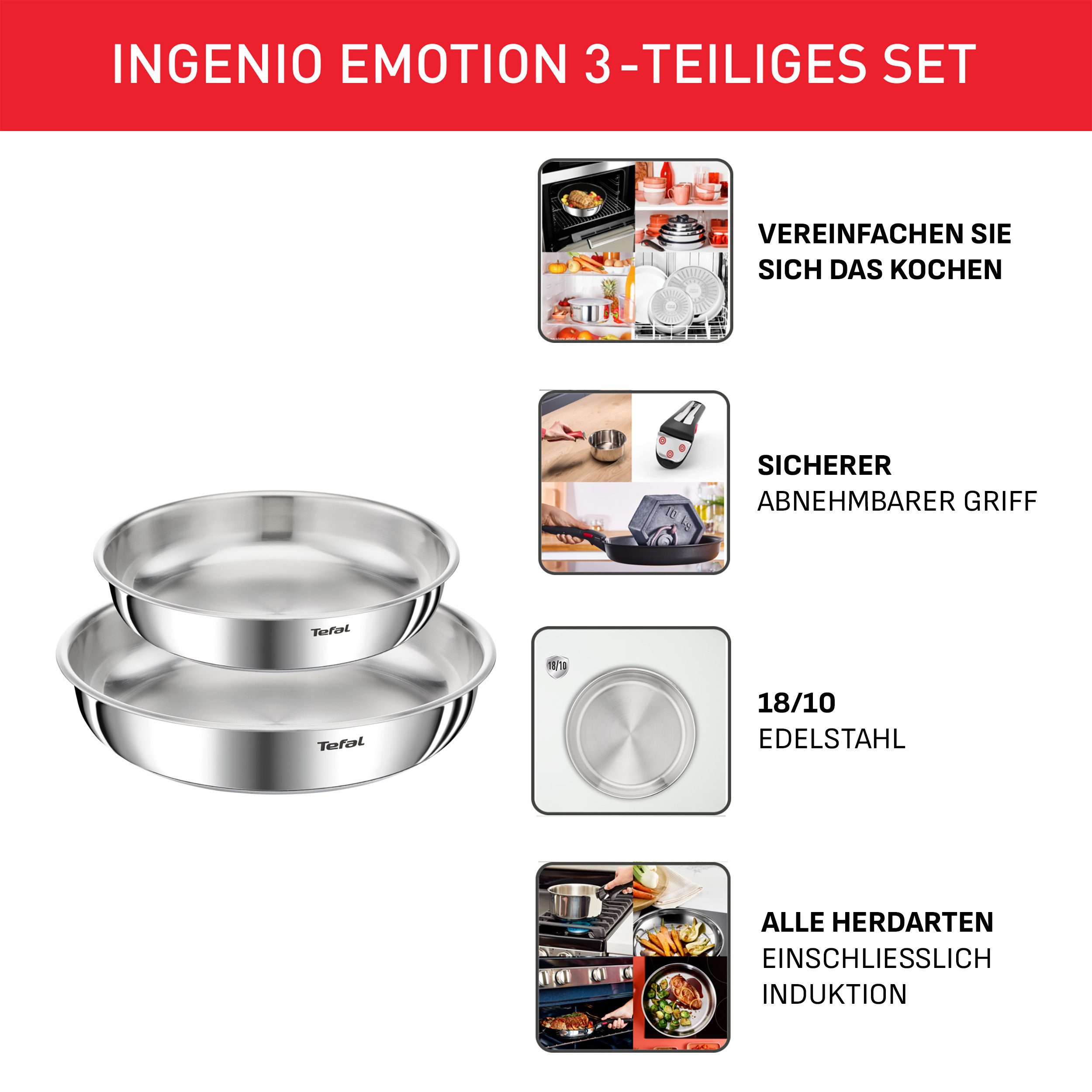 Tefal Pfannen-Set Ingenio Emotion, Edelstahl (Set, 3-tlg), abnehmbarer Ingenio-Griff, stapelbar, unversiegelt, induktionsgeeignet