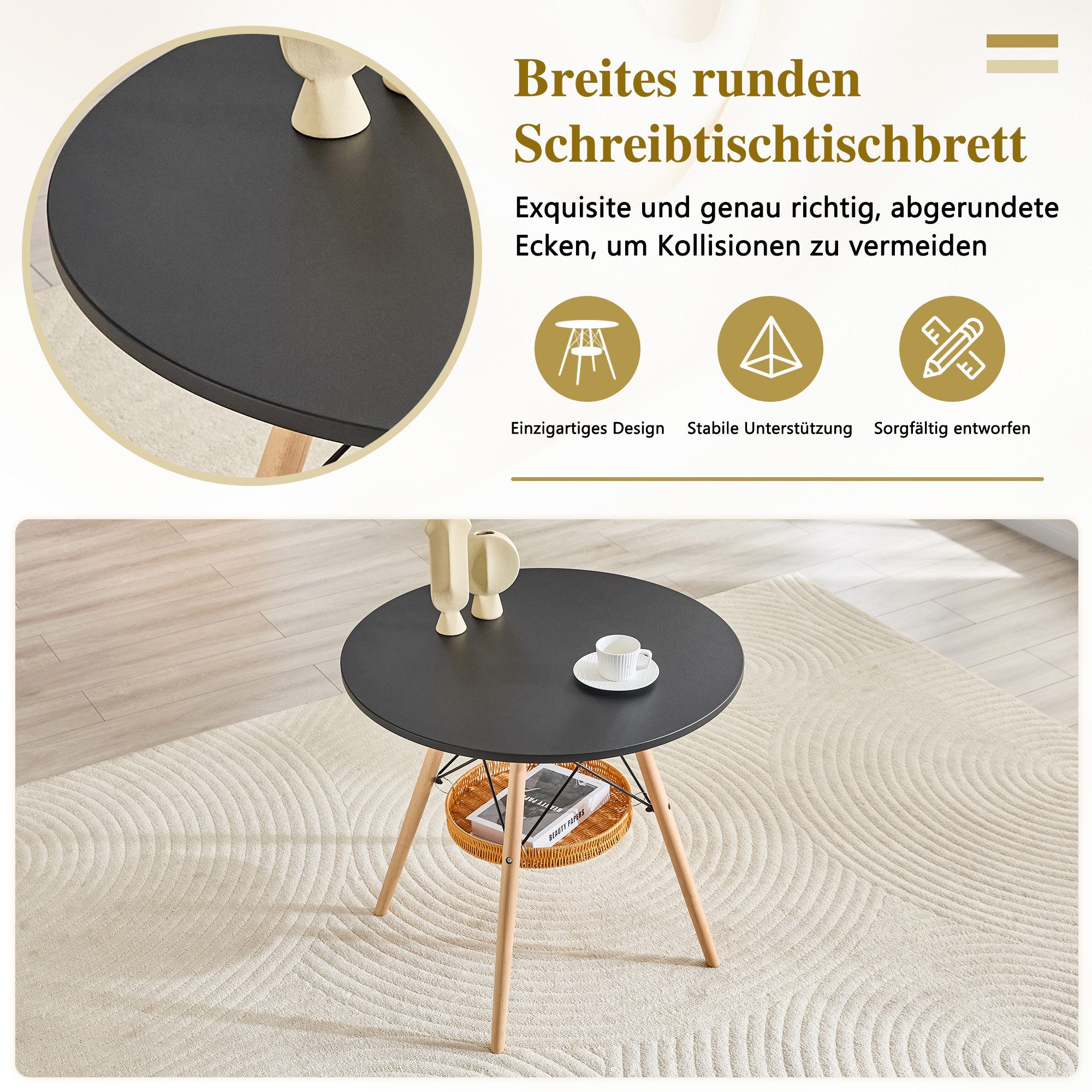 HAUSS SPOLE Esstisch mit Holzbeinen,Wohnzimmertisch Küchentisch Holz-Metallrahmen,Schwarz (Wohnzimmertisch Multifunktionstisch mit MDF-Tischplatte, Metallkreuzrahmen und Holzbeinen), Abgerundete Tischkanten für mehr Sicherheit
