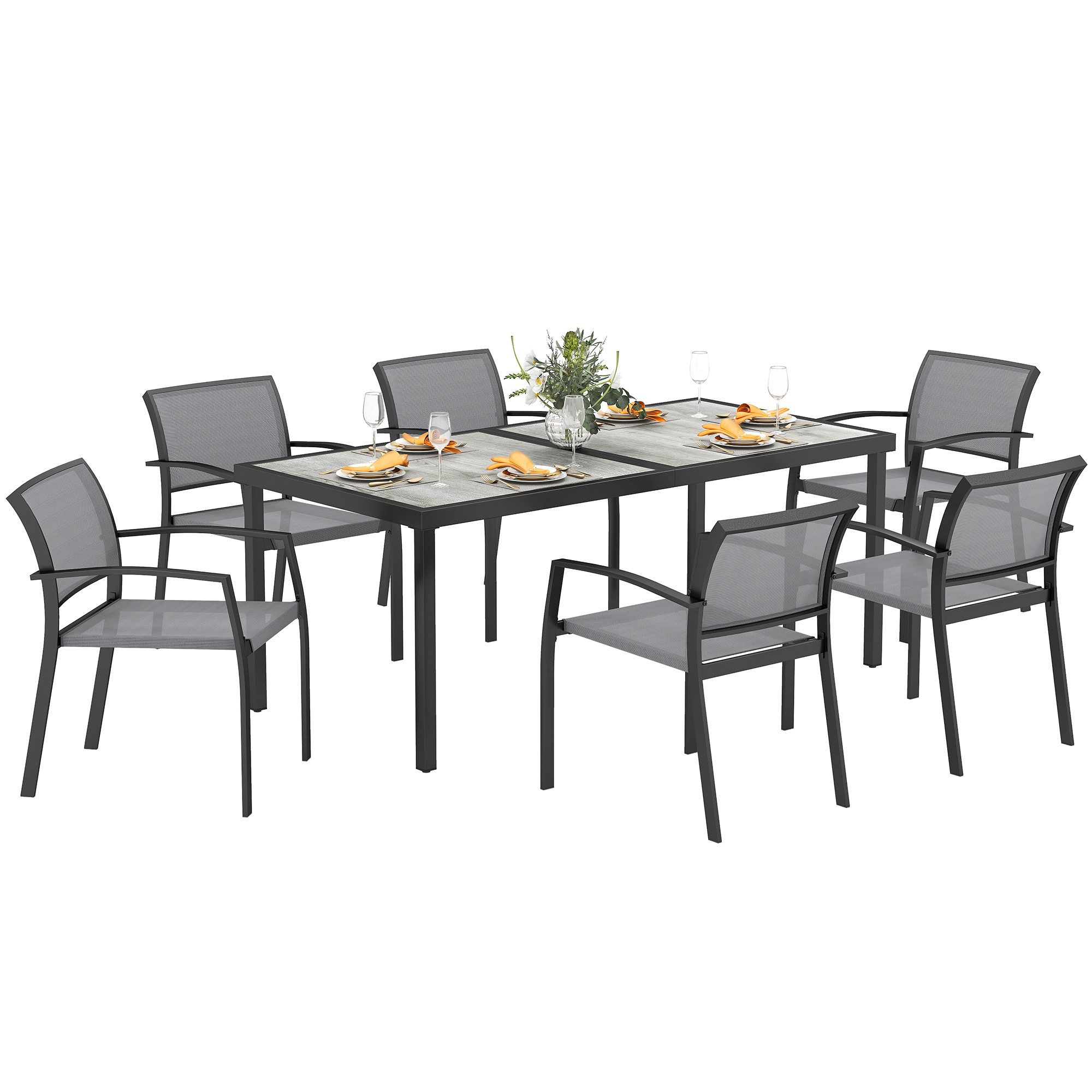 Outsunny Garten-Essgruppe für 6 Personen, Esstisch mit 6 Stapelbare Stühle, (Sitzgruppe, 7-tlg., Esszimmergruppe), mit Stahlgestell, für Terrasse, Balkon Grau