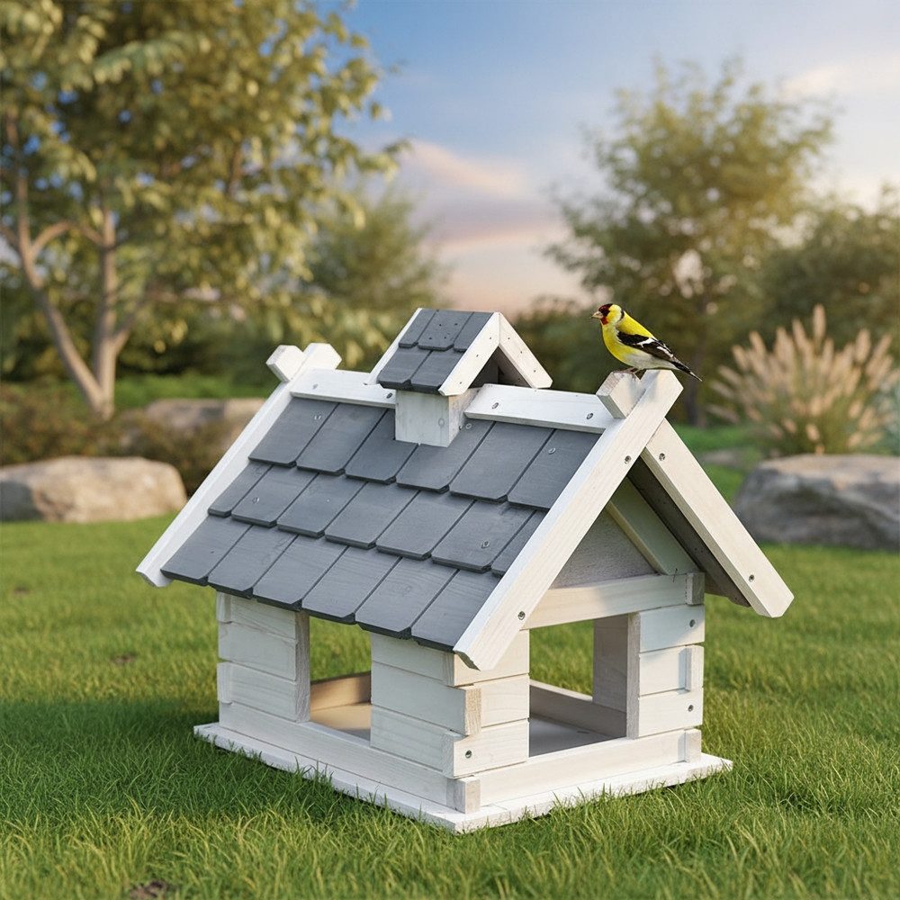 Feel2Home Vogelhaus Vogelvilla in Grau Weiß aus Holz Vogelfutterhaus Vogelhaus mit Dach, Erhöhung am Rand sorgt dafür dass das Futter nicht herausfällt