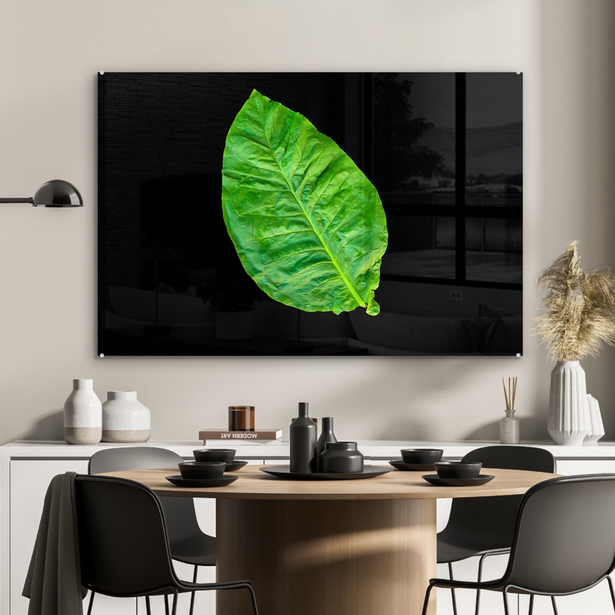 Acrylglasbilder St), Acrylglasbild Grüne & auf Hintergrund, schwarzem MuchoWow Schlafzimmer Wohnzimmer Blätter (1