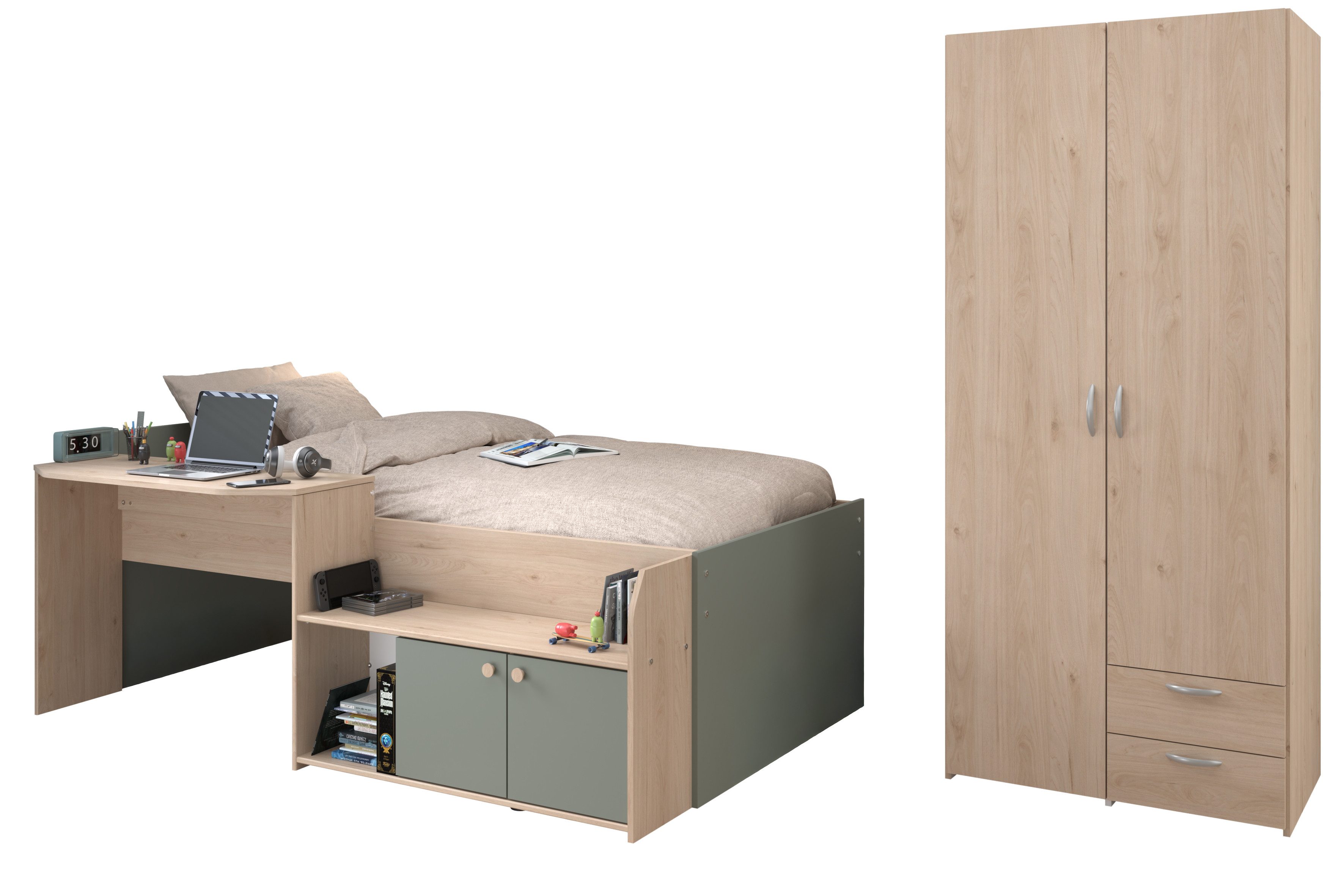 Parisot Hochbett Jade 1 in Seladon Grün und Jackson Eiche (Komplett Set, 2-St., halbhohes Hochbett) Stauraum