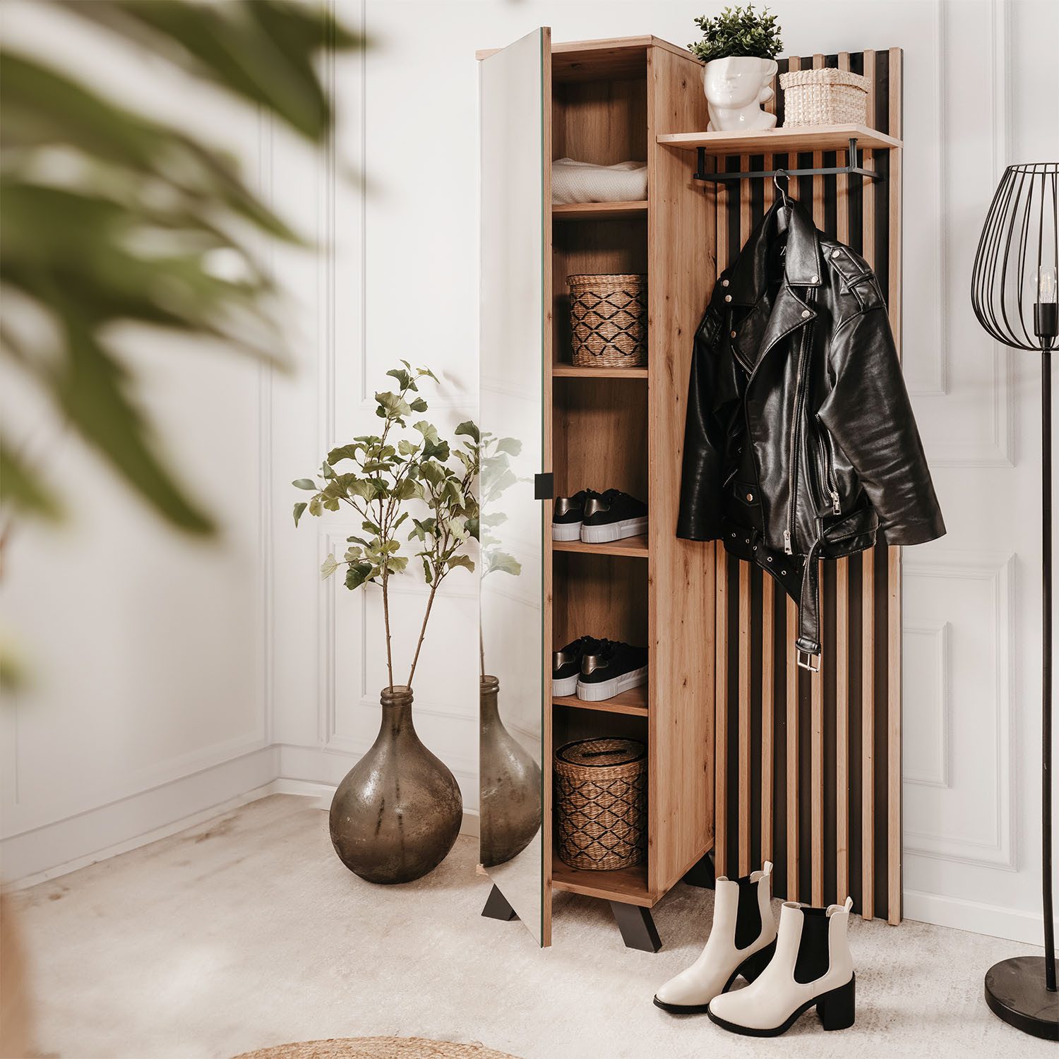 Homestyle4u Garderoben-Set Set Flurmöbel Garderobe Flurmöbel Industrial Style Artisan Eiche, mit Stange, 2 Haken, 5 Fächer, Spiegel