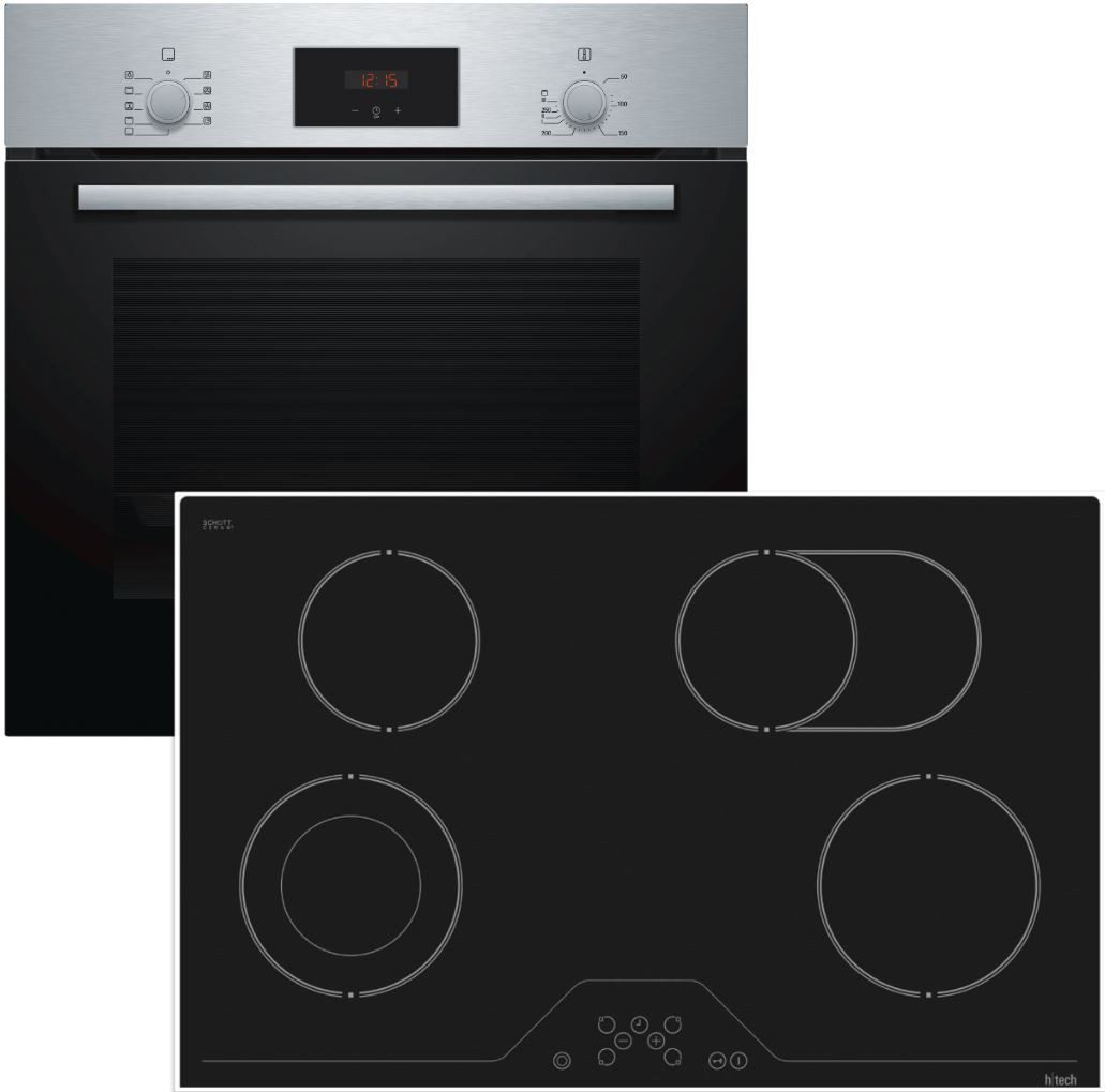 BOSCH Backofen-Set Teleskopauszug 3D-Heißluft Versenkknebel + Glaskeramik 78cm Bräterzone, mit 1-fach Teilauszug, Hydrolyse