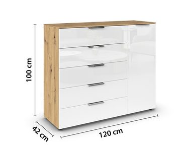 rauch Kommode FLIPP, Artisan Eiche Dekor, Weiß, 1 Tür, 5 Schubladen, mit Soft-Close-Funktion, B 120 x H 100 x T 42 cm