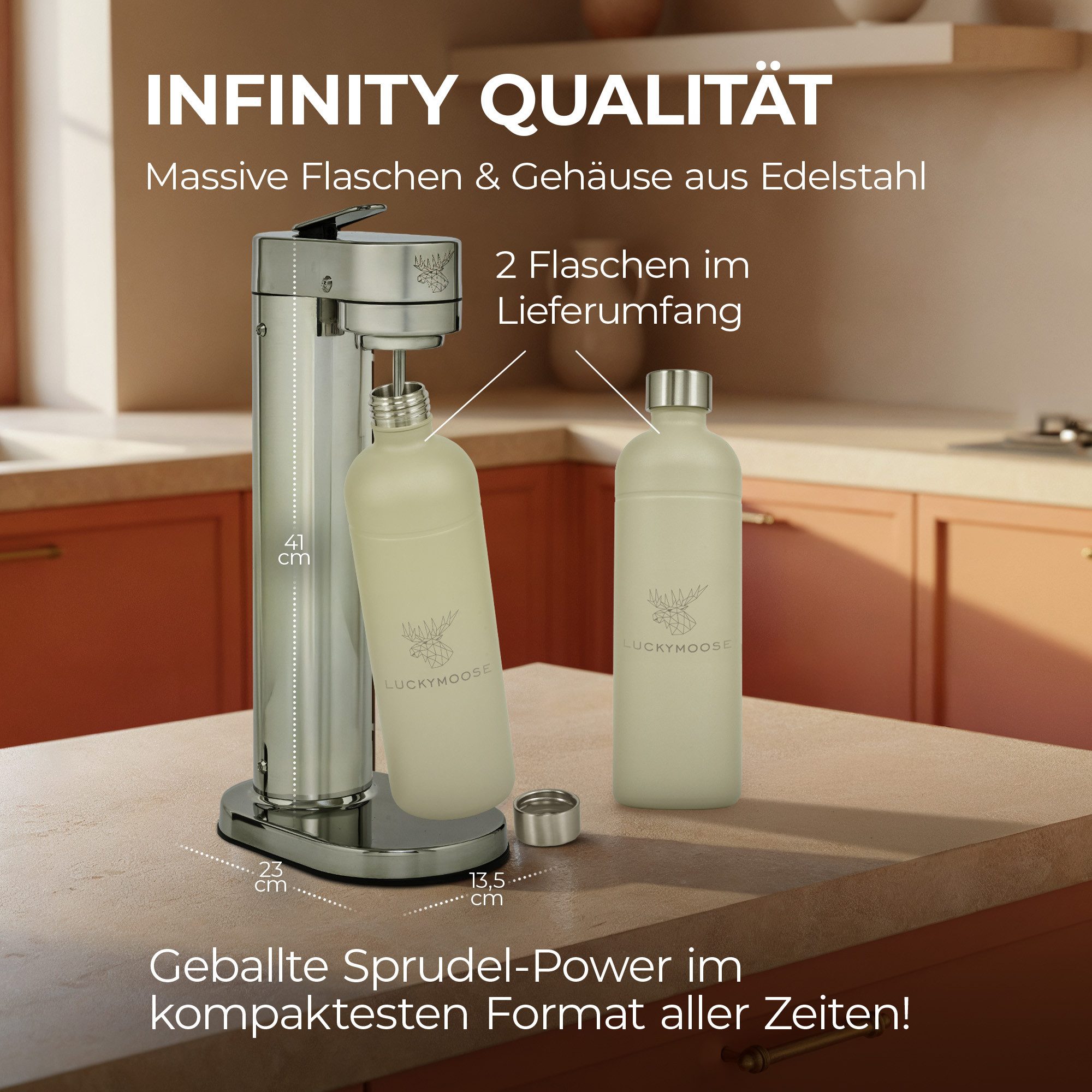 Luckymoose Wassersprudler Infinity-S mit 2x 1,25L langlebige Edelstahlflaschen, (2xSand-tlg), Spart bis zu 25% CO2, Flaschen spülmaschinenfest & ohne Ablaufdatum