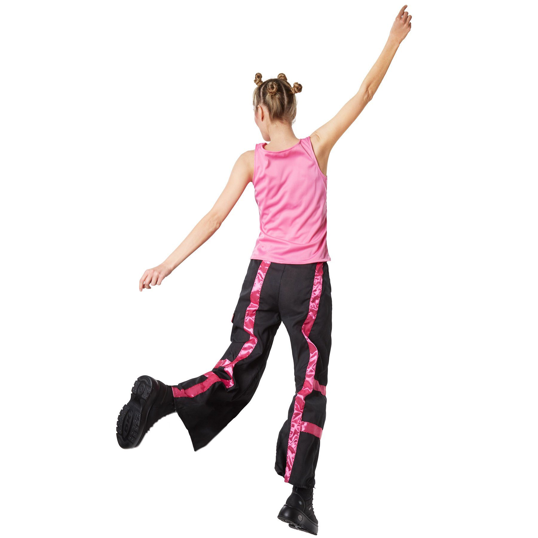 dressforfun Hippie-Kostüm Technotänzerin/Discofan, in pink, Lange Hose mit Schlag Gummibund, Konfektionsgröße L, Ärmelloses Shirt aus neonpinkem Satinstoff, Knopf
