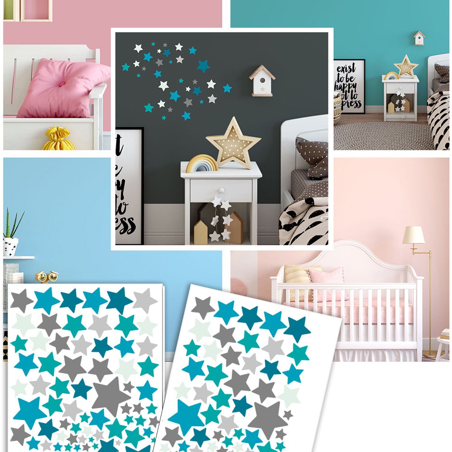 Sunnywall Wandtattoo Sterne Aufkleber Stars Wandsticker bunt, Sternenhimmel Wandtattoo, konturgeschnitten