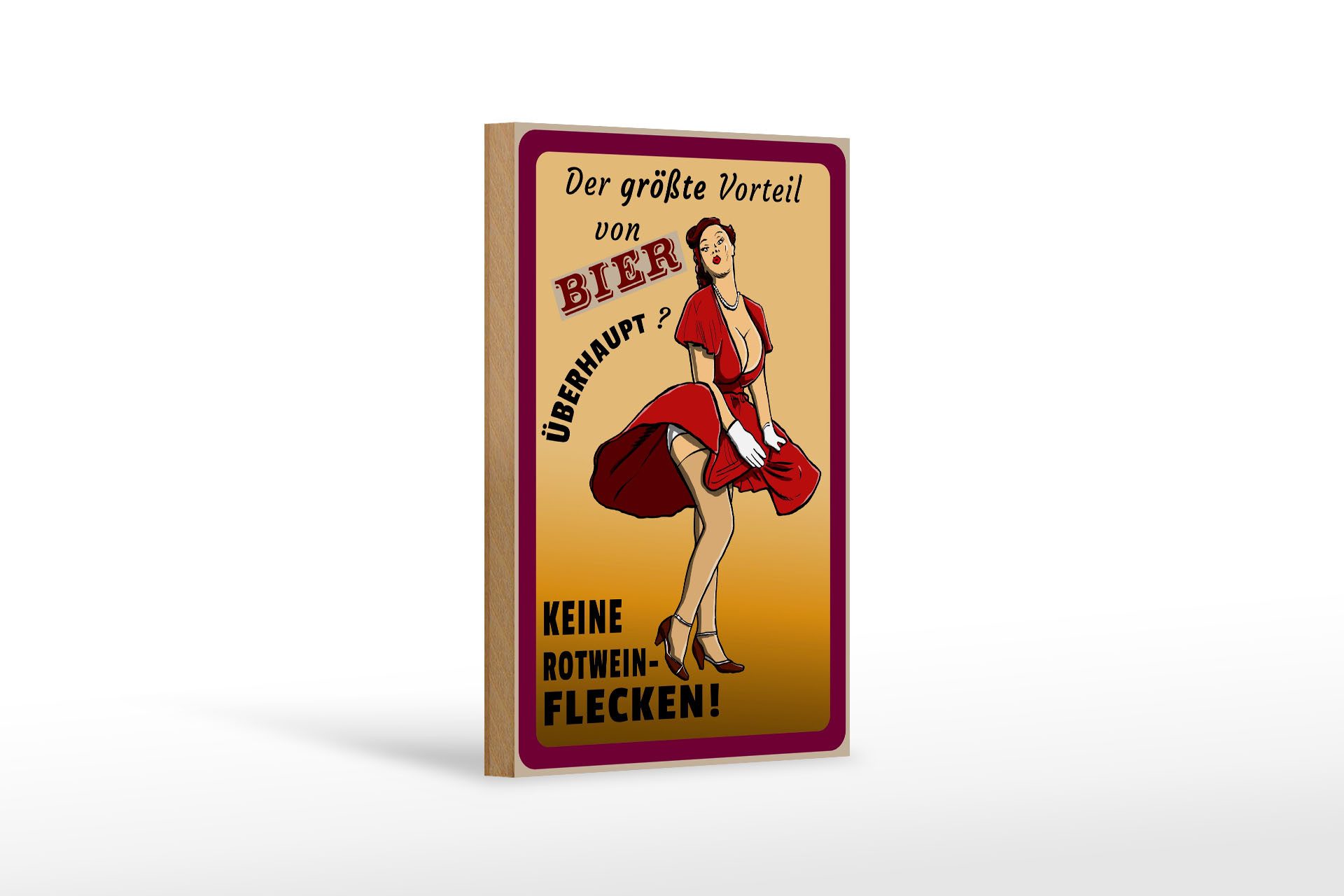 Holzbild Pinup 12x18 cm Vorteil Bier keine Rotweinflecken